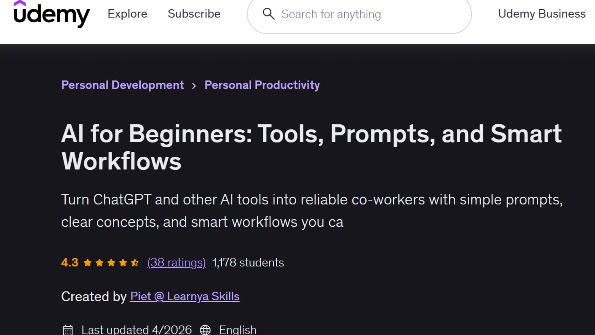udemy beginner ai course focused on useful tools, better prompts, and simple workflows for daily work