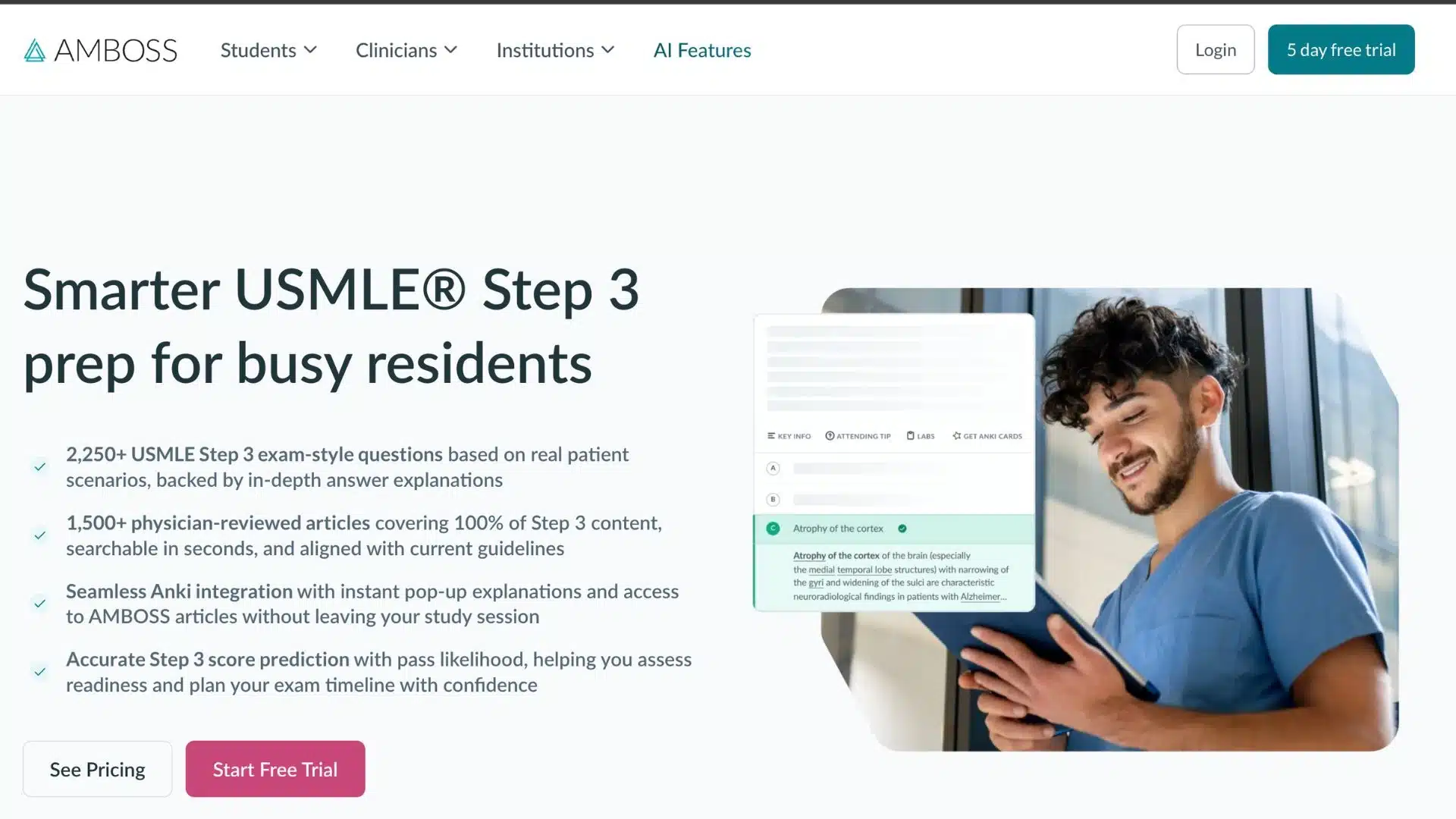 amboss usmle step 3 preparation page showing exam-style questions, medical articles, anki integration, and study tools