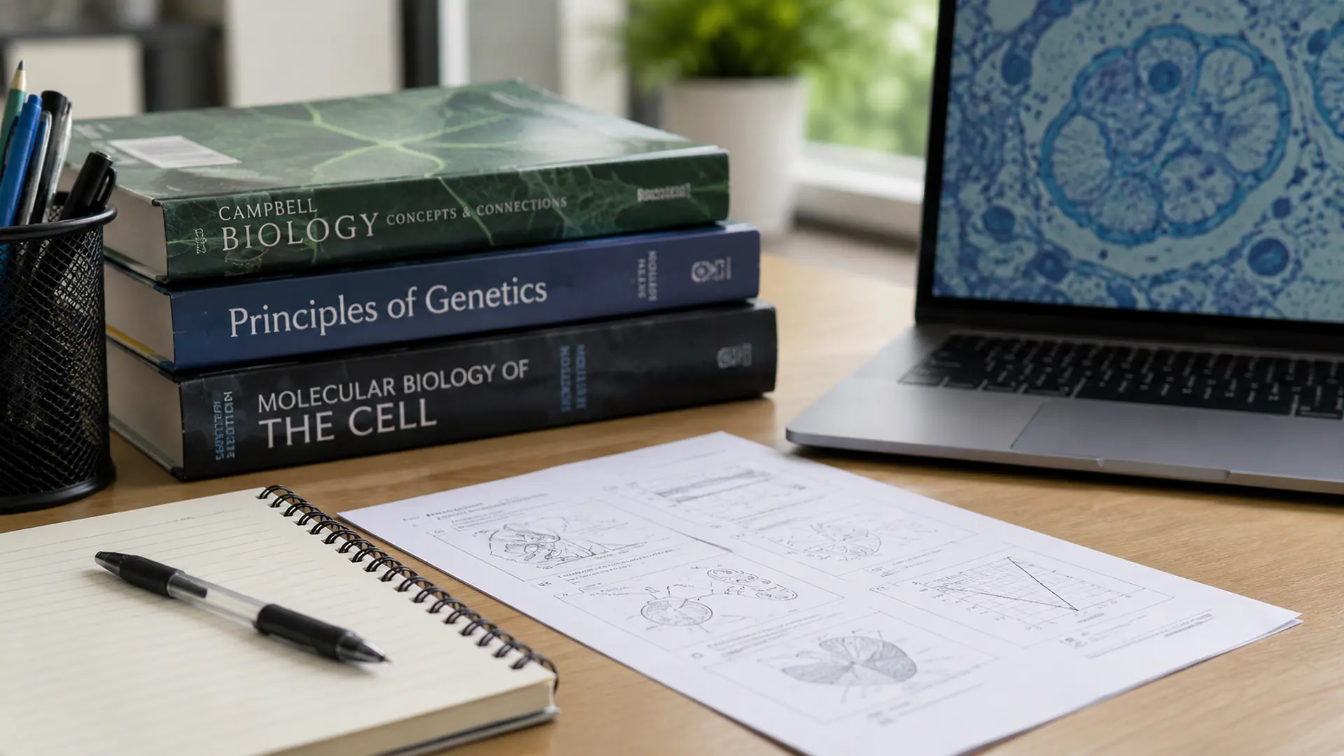 biology textbooks, notebook and exam papers on a study desk beside a laptop in natural daylight