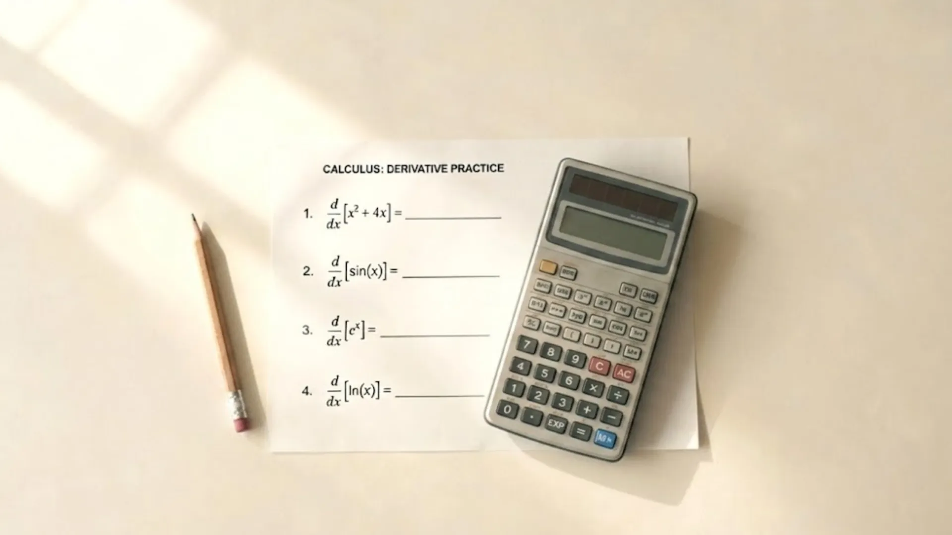calculus derivative practice sheet with equations and calculator on a desk for exam preparation