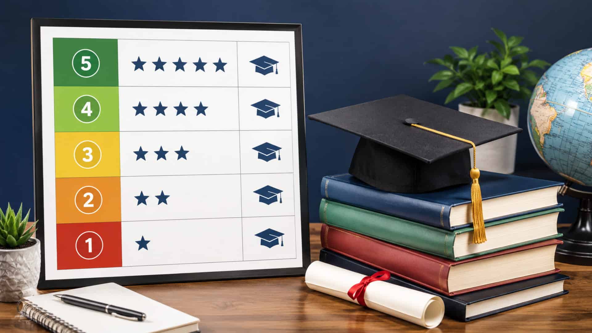 framed 1 to 5 star rating chart beside a graduation cap stacked on books and a diploma