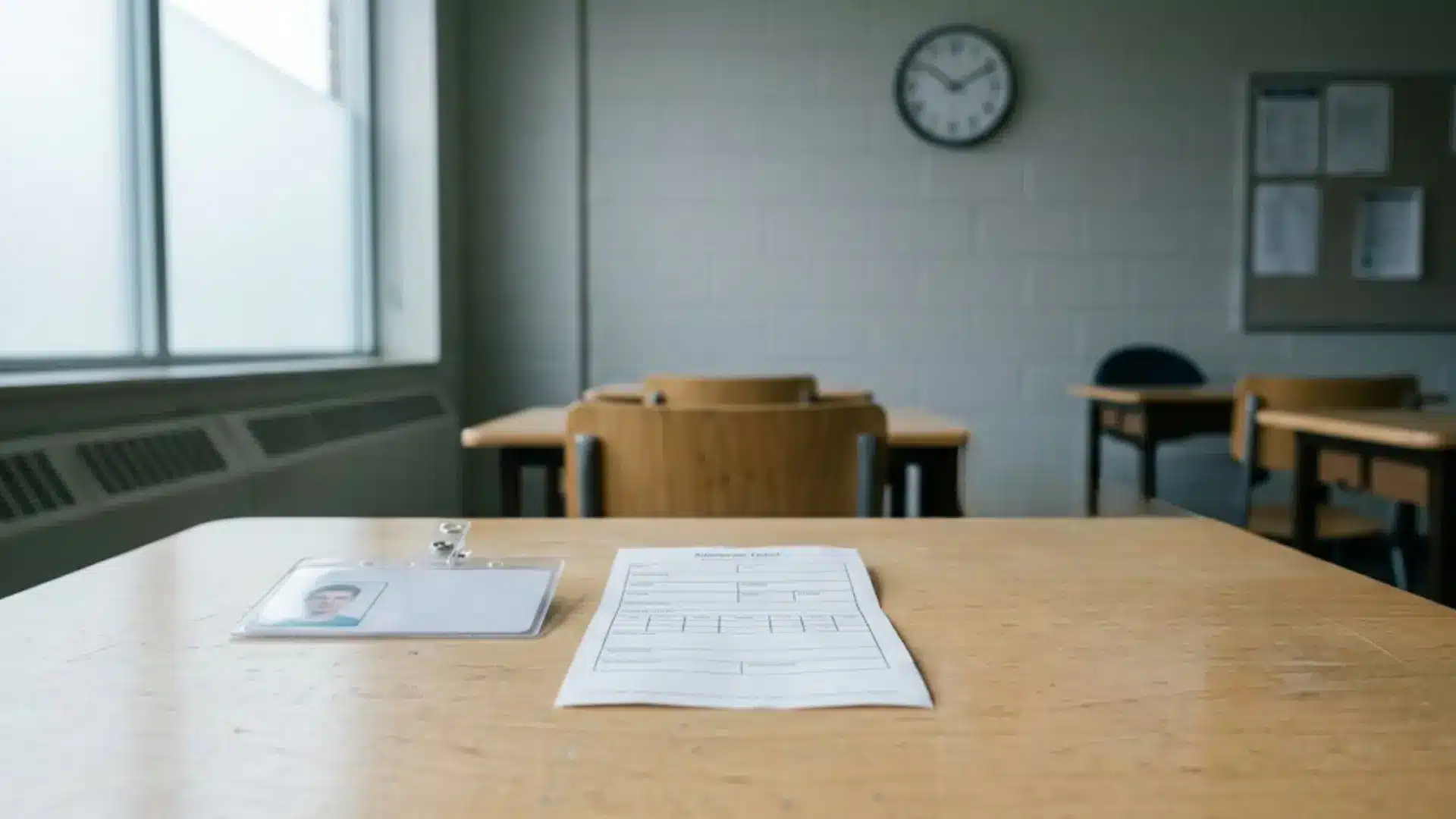 empty classroom desk with student id card and attendance sheet resting before rows of wooden chairs