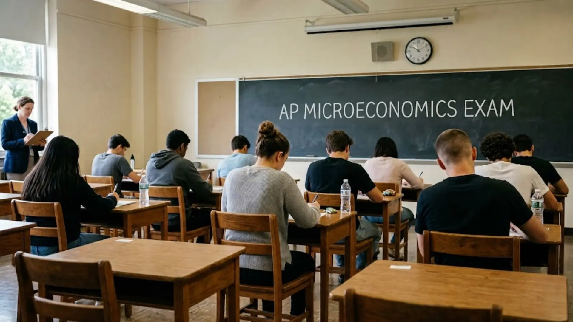students taking the ap microeconomics exam in a classroom as their teacher supervises from the front