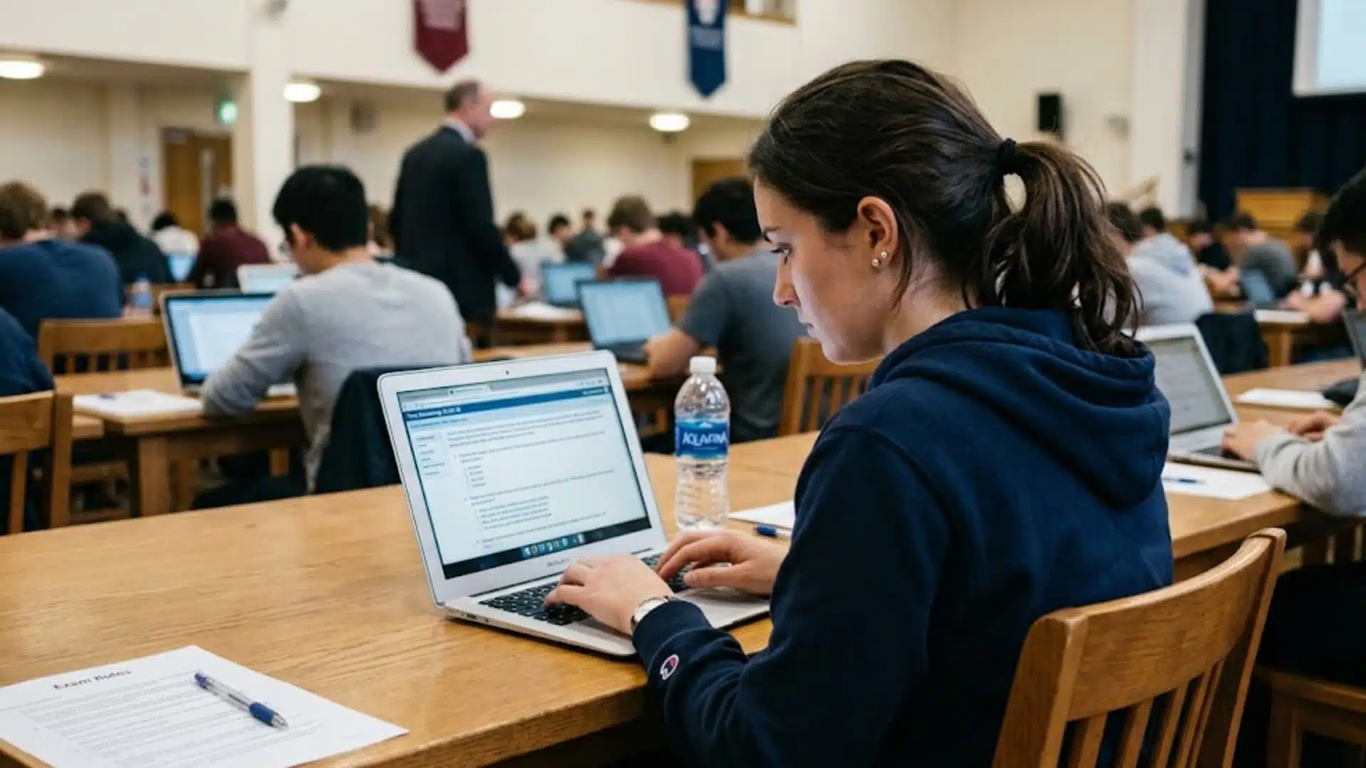 student taking an online exam on a laptop in a classroom with classmates nearby