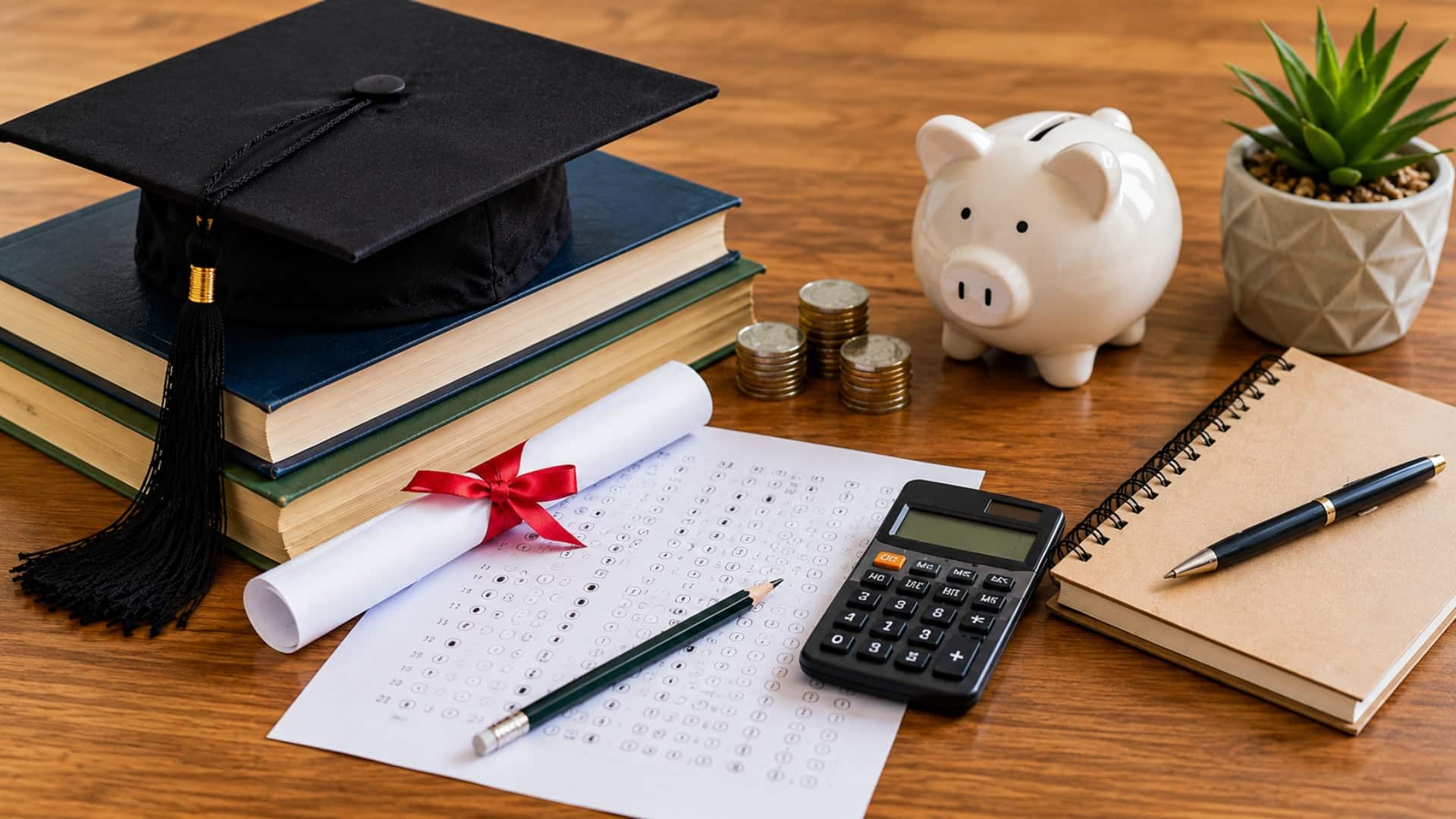 AP exam answer sheet, graduation cap, calculator, books, and college savings items representing AP scores and credit