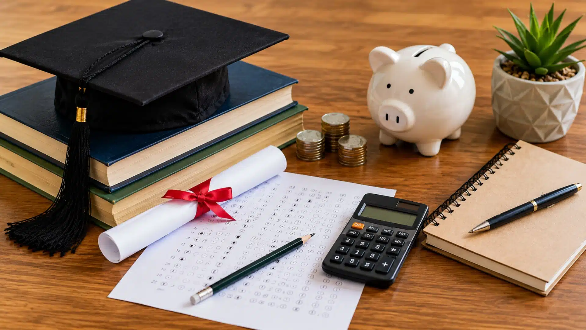 AP exam answer sheet, graduation cap, calculator, books, and college savings items representing AP scores and credit