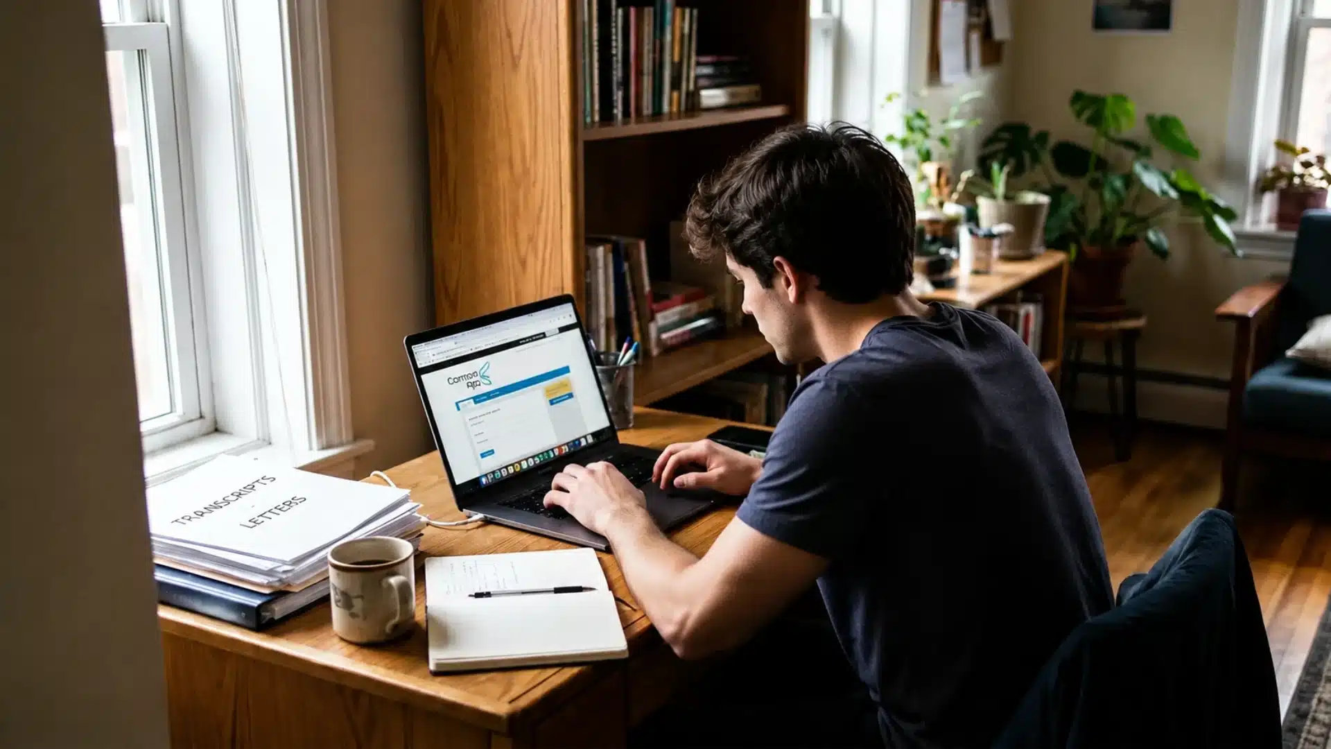 student sitting at a desk filling out a pa school application online with coffee nearby