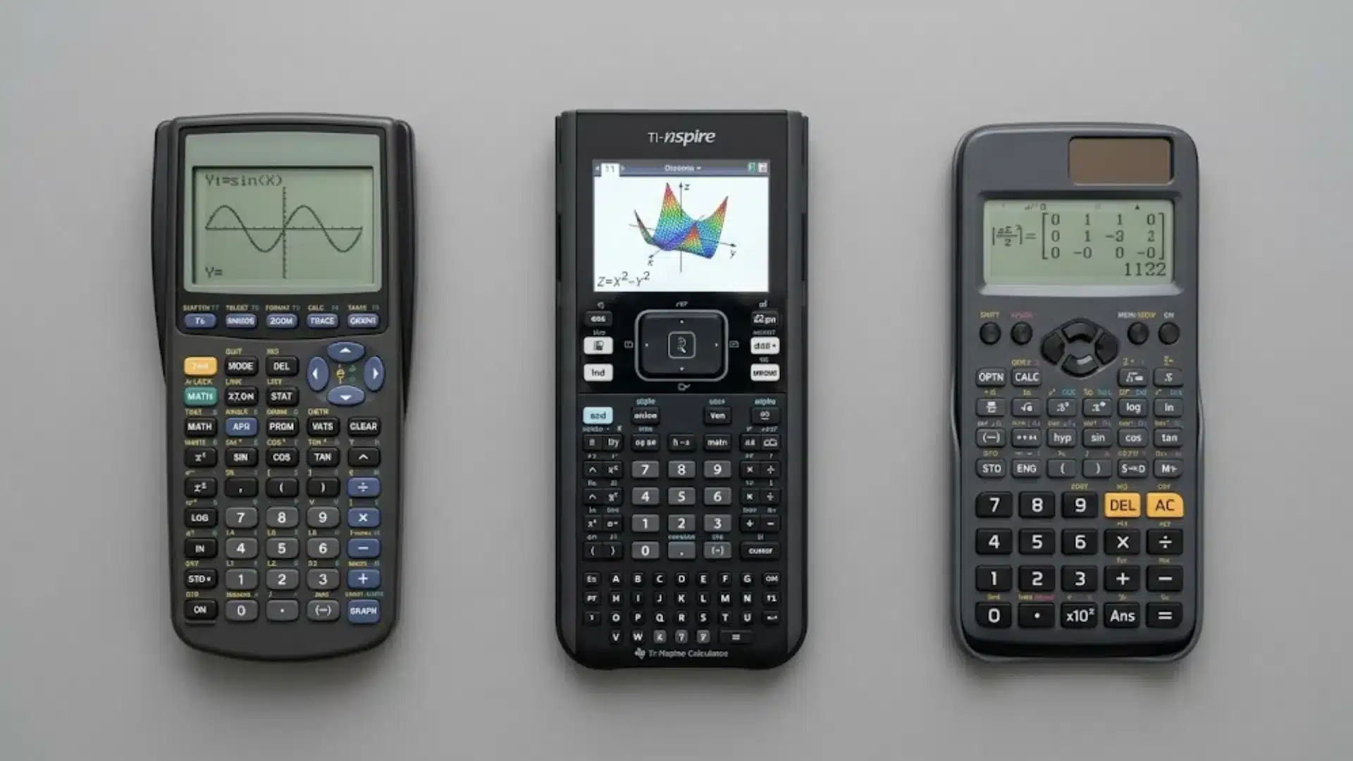 three graphing calculators displayed for AP calculus exam preparation and mathematical problem solving practice