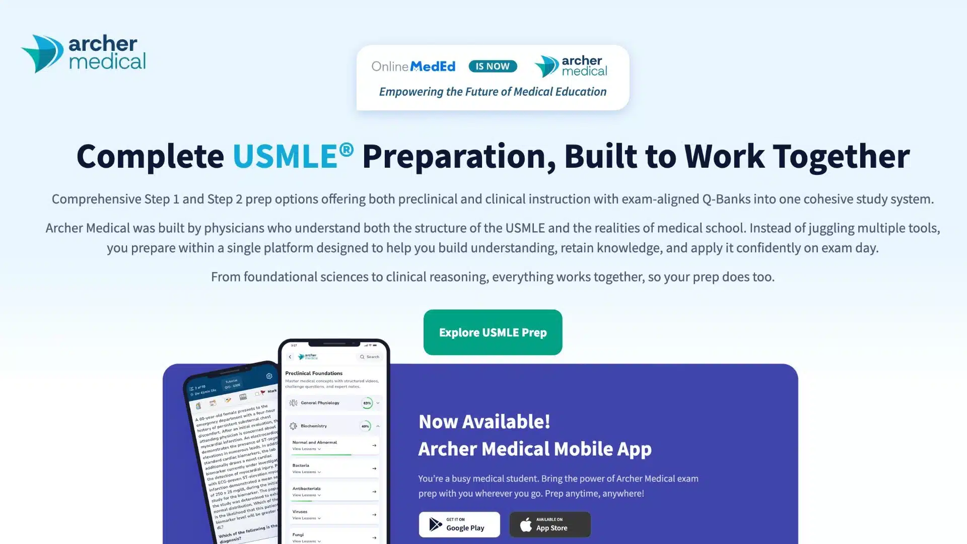 archer medical usmle preparation course homepage showing step 1 and step 2 qbank app and course description