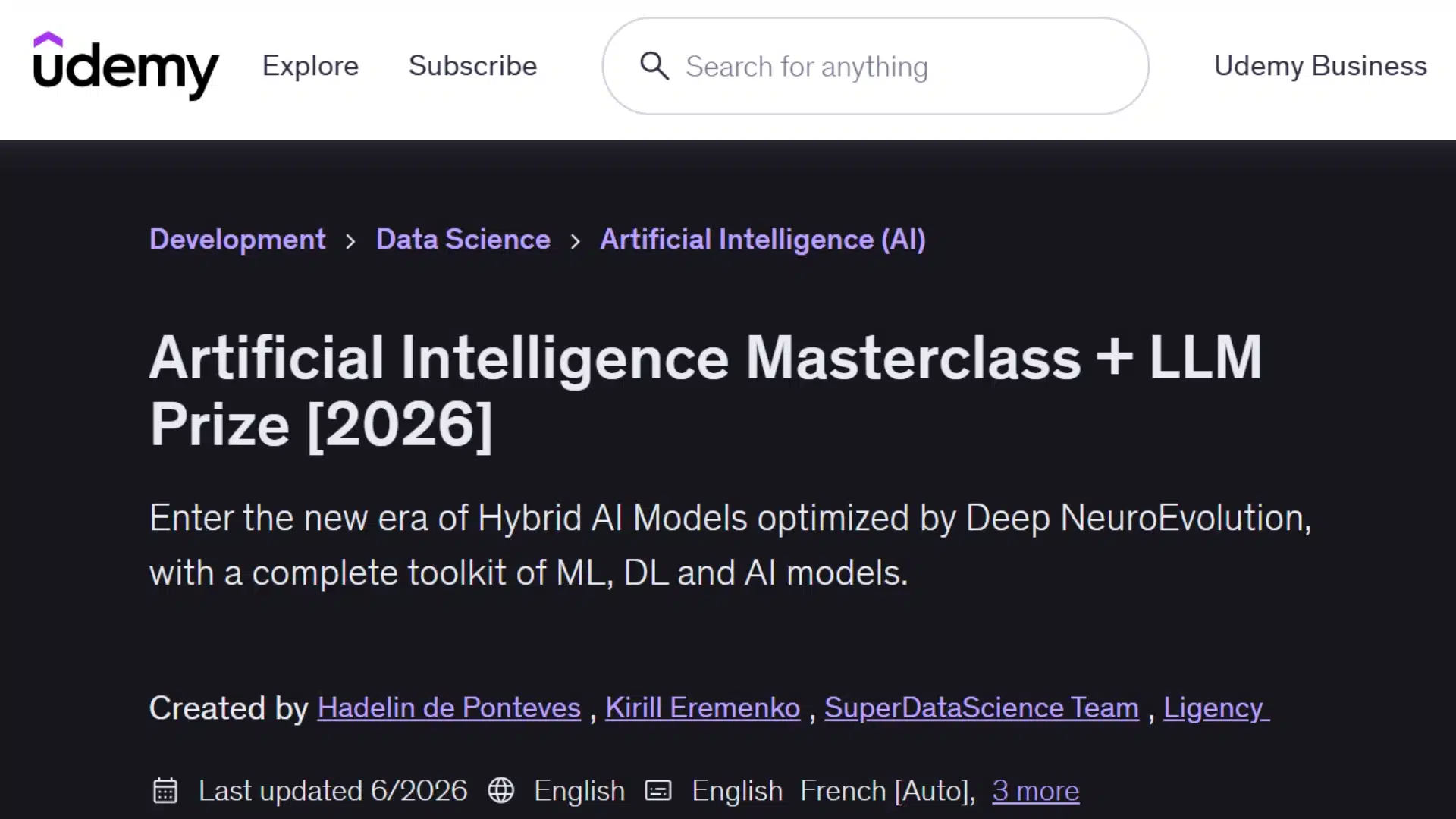 udemy artificial intelligence masterclass covering hybrid ai models, machine learning and deep learning