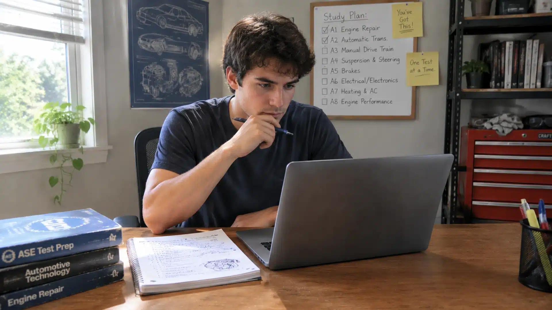 young man studying for an ase certification exam with laptop, notes, and automotive books at desk