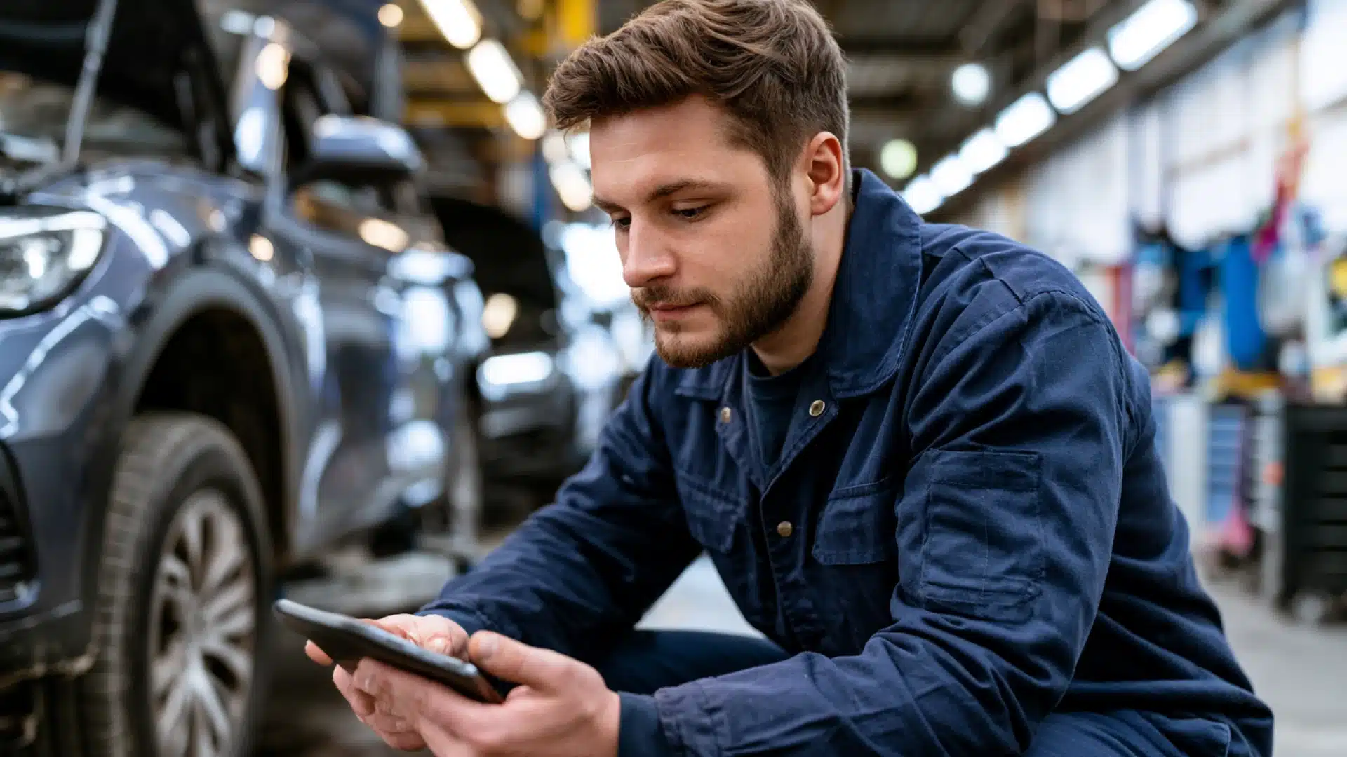 automotive technician in navy uniform reviewing ASE practice test resources on a tablet in a repair shop