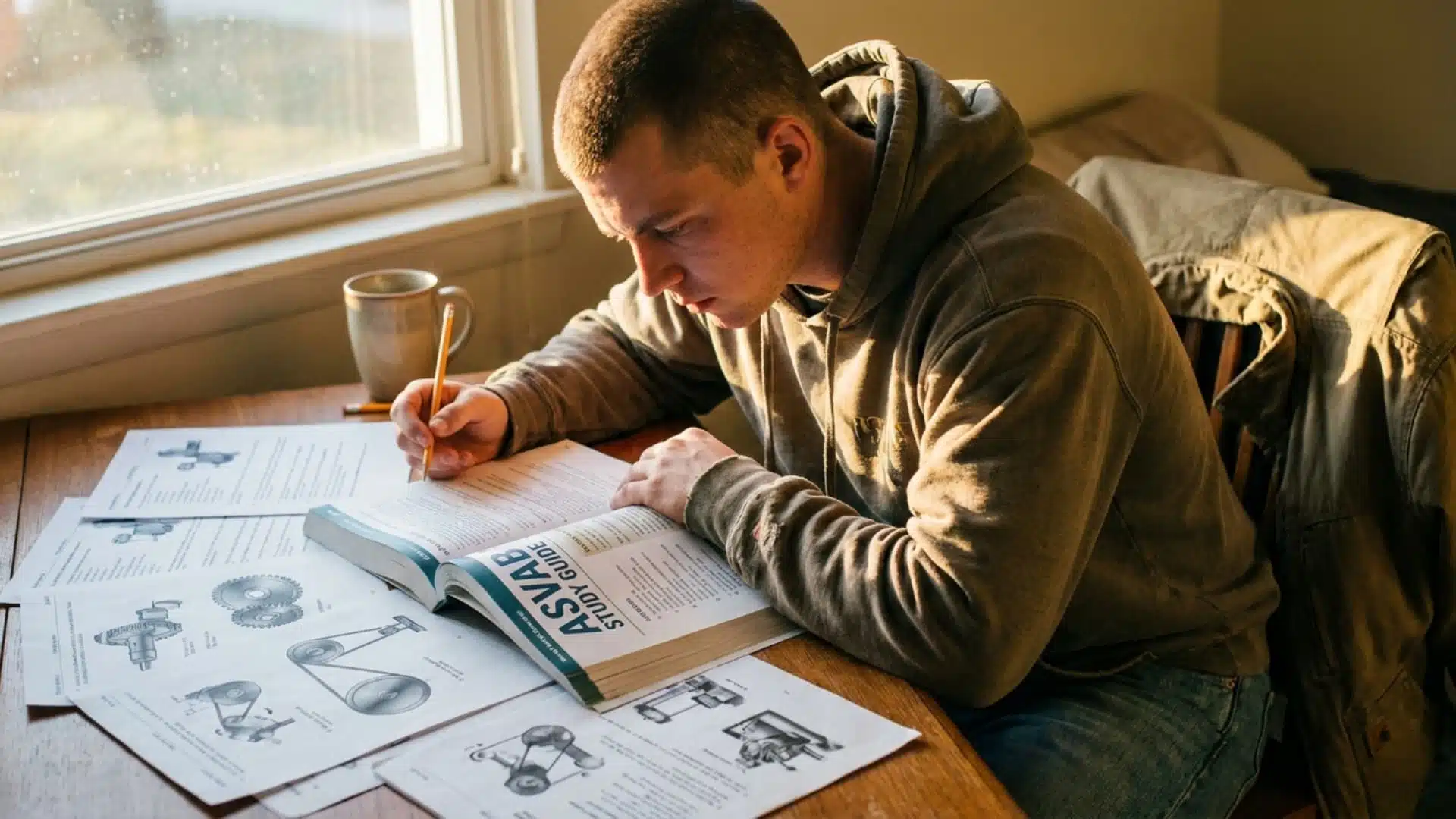 young man studying asvab mechanical comprehension with printed diagrams and study book spread on desk