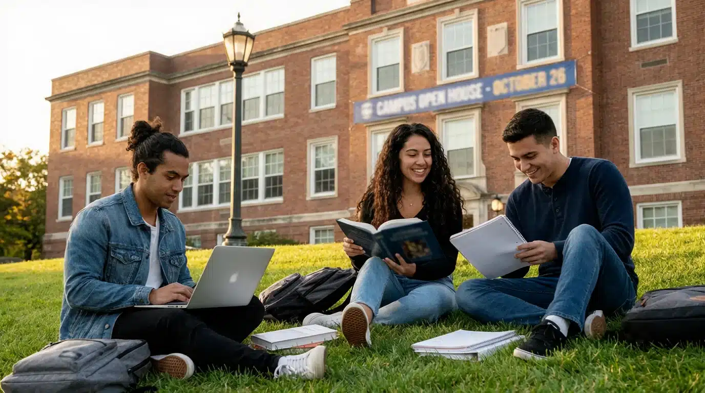 three students sit on a campus lawn studying with a laptop, books, and notebooks and a banner behind