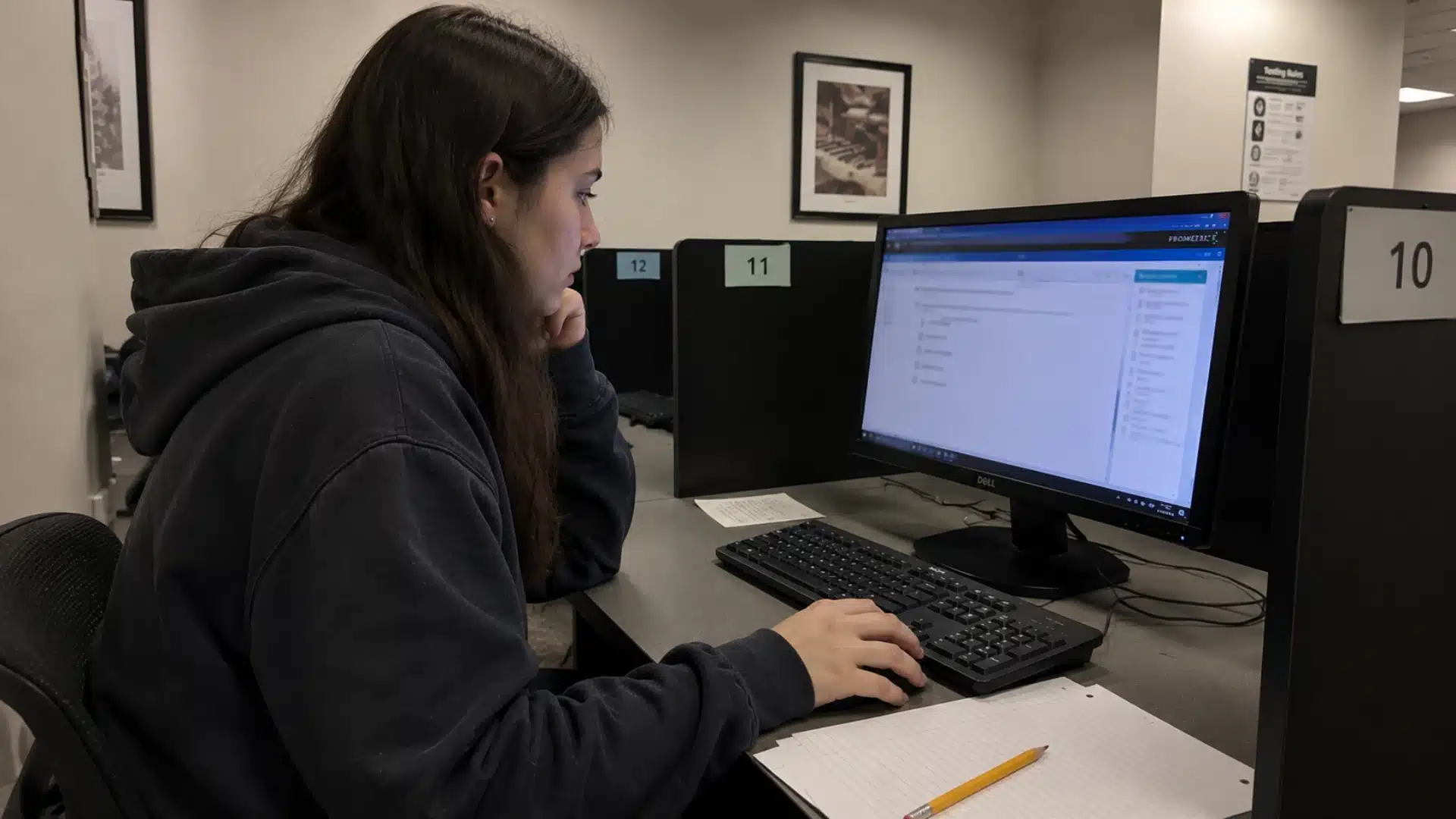 law student taking the computer-based baby bar exam at a prometric testing center cubicle