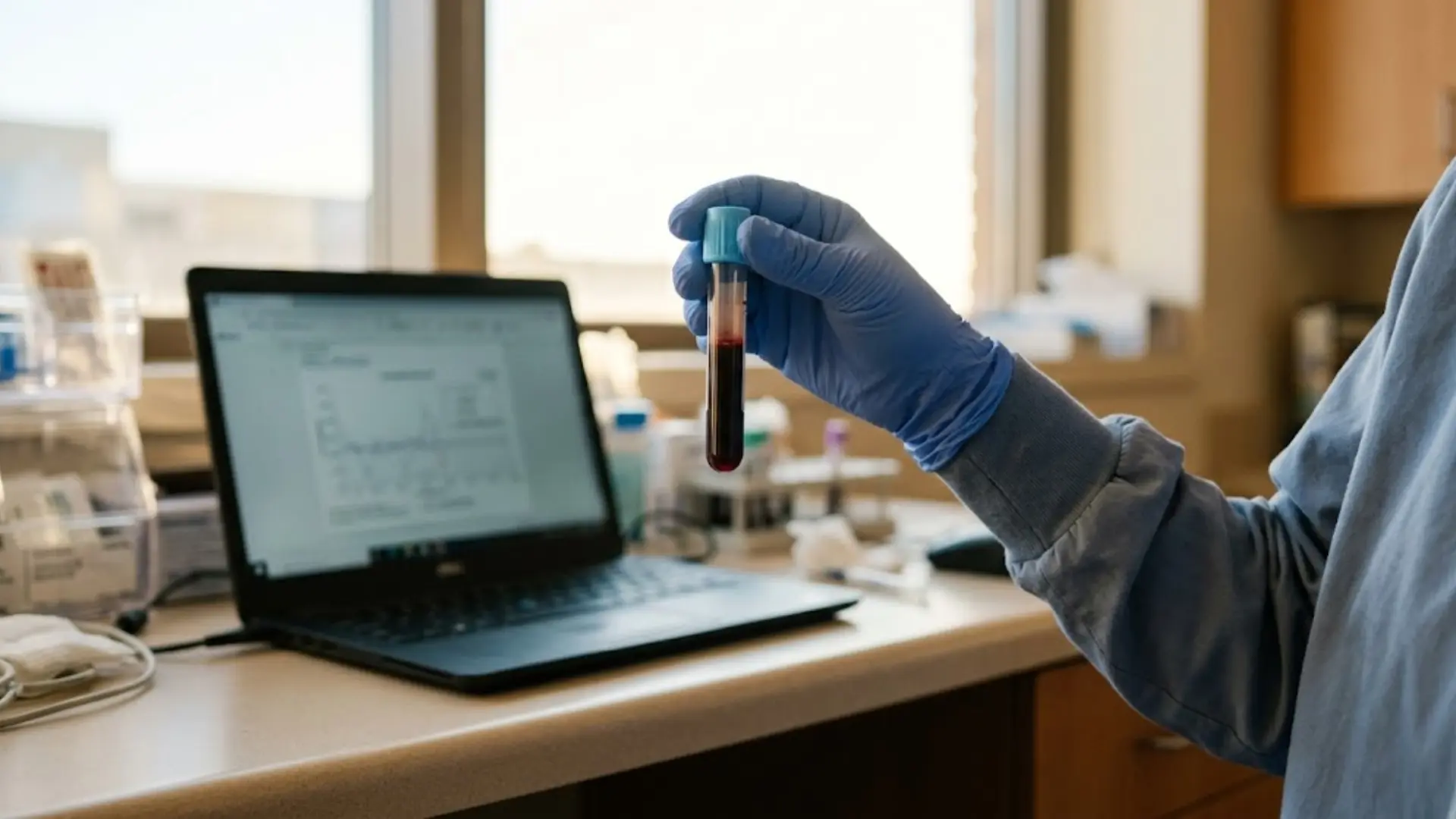 healthcare worker holding a blood sample tube beside a laptop while reviewing laboratory test results