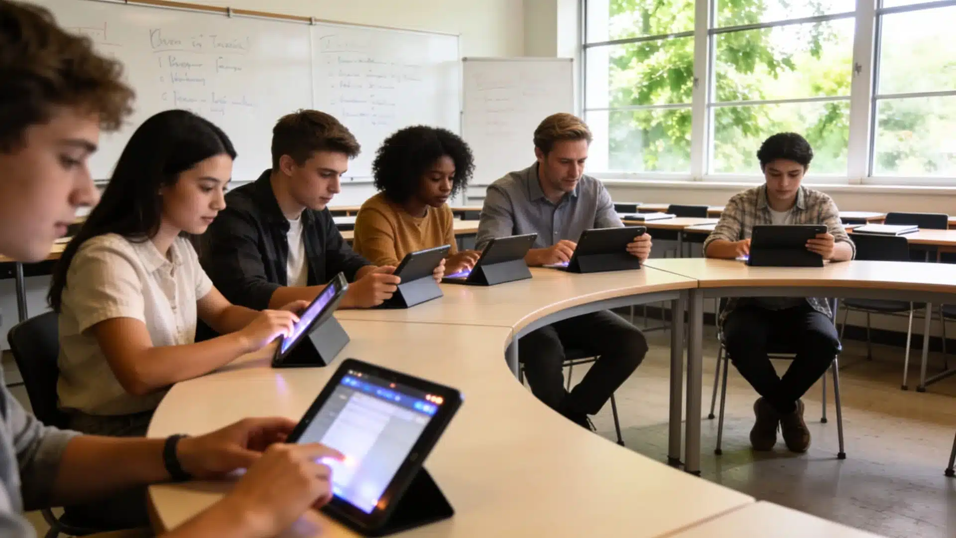 students using tablets in a curved classroom exploring educational programs together during class