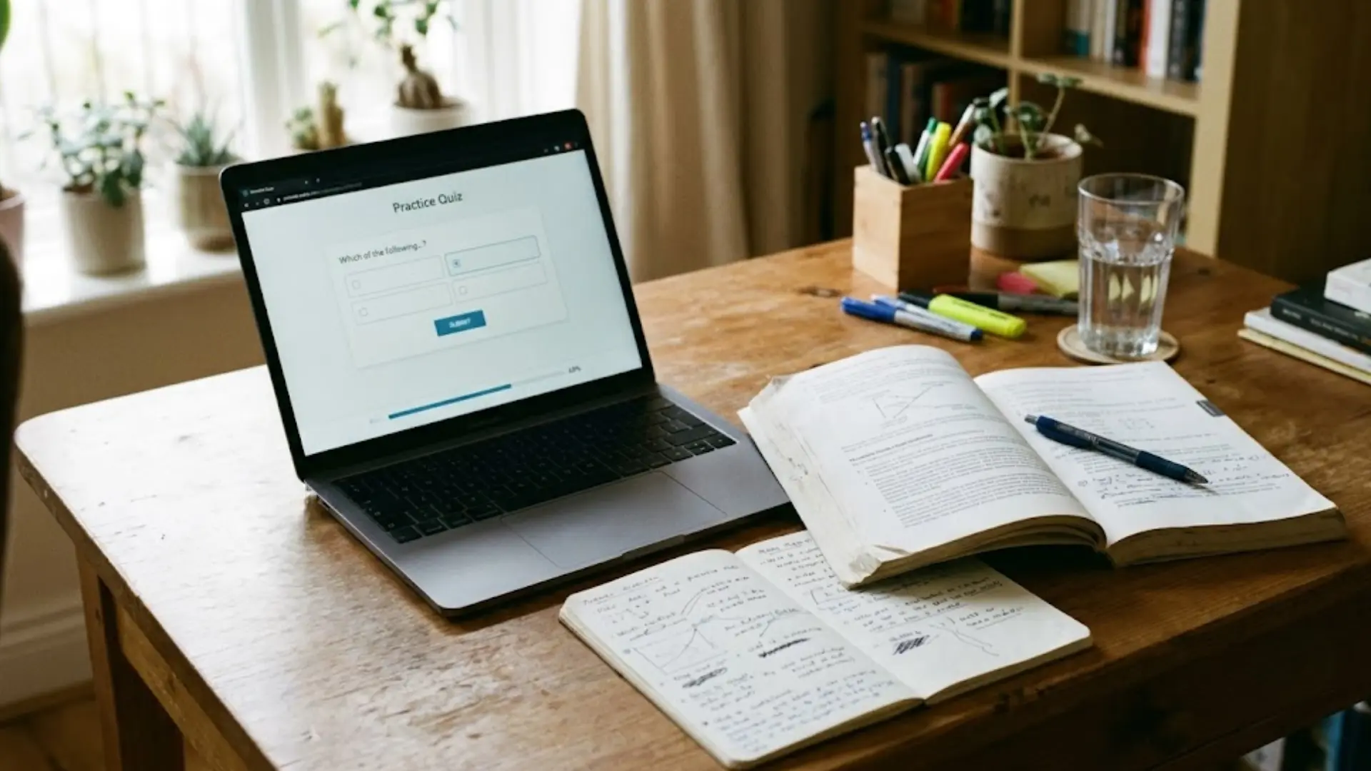 laptop displaying an online practice quiz beside open textbooks, study notes, pens