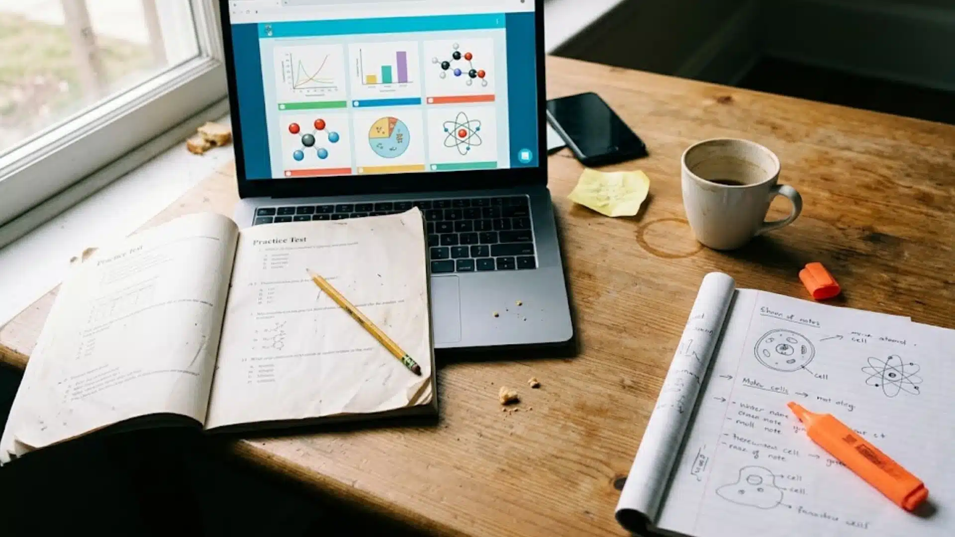 open laptop with science diagrams next to a ged practice test booklet, pencil, and handwritten notes
