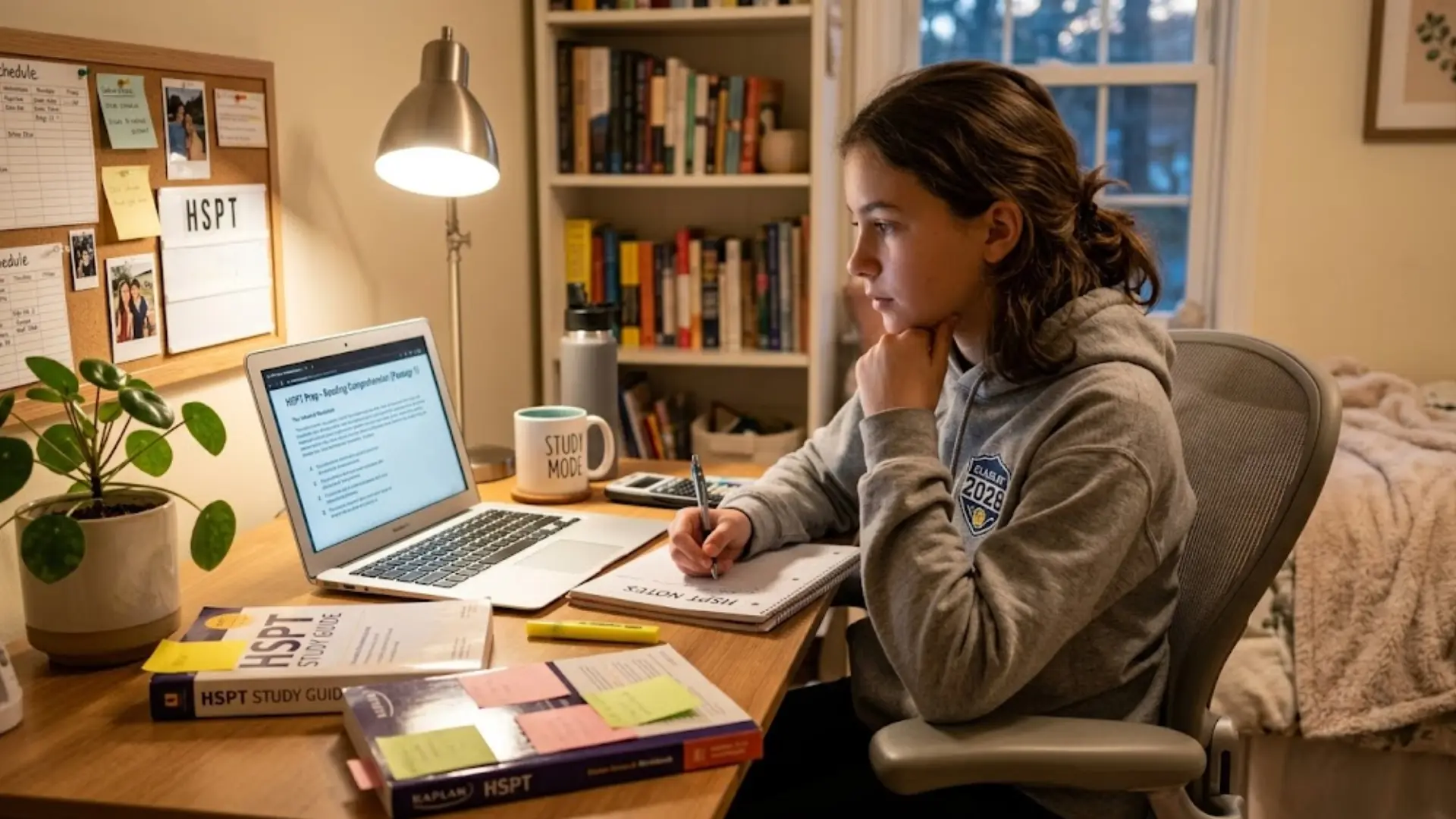 student preparing for the hspt at a home desk using a laptop, study guide, notebook, and notes