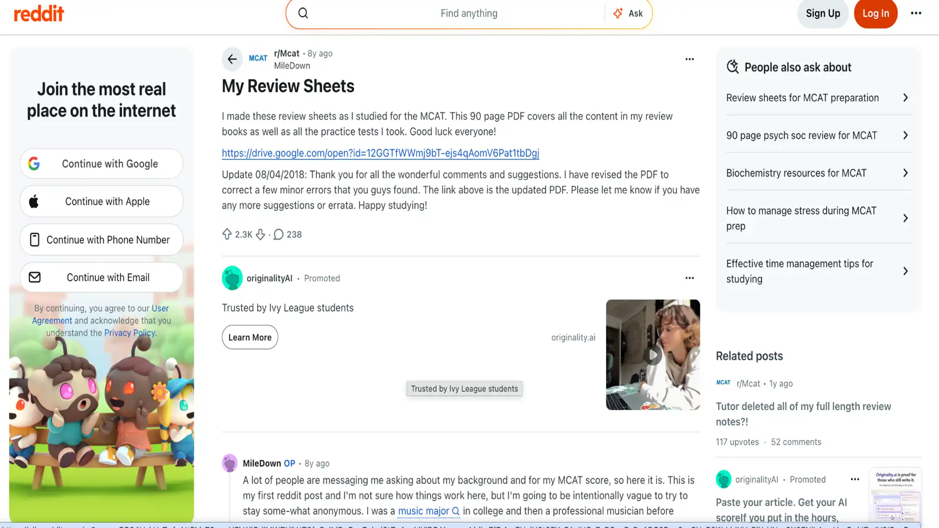 reddit page showing miledown's mcat review sheets post with student comments and study resource discussions