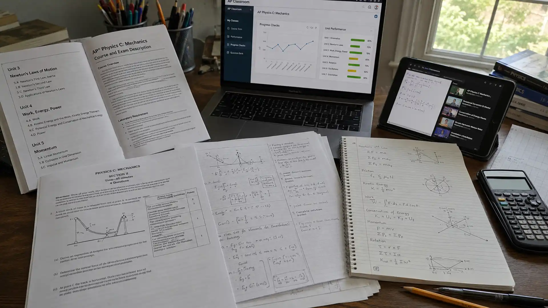 ap physics c mechanics study desk with laptop, tablet, handwritten notes, practice exam, and calculator