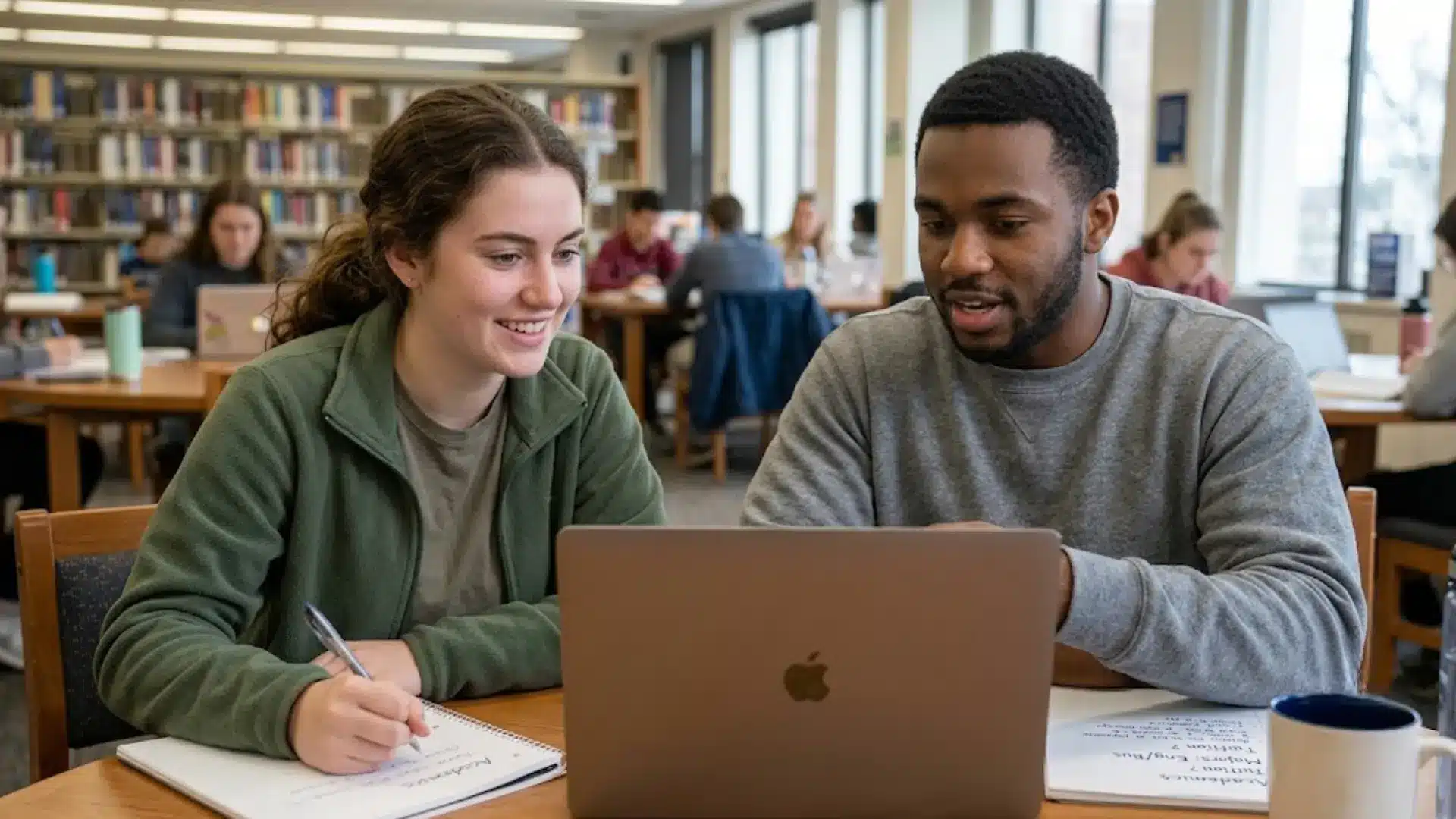 students researching top physician assistant programs together on a laptop while studying in a college library