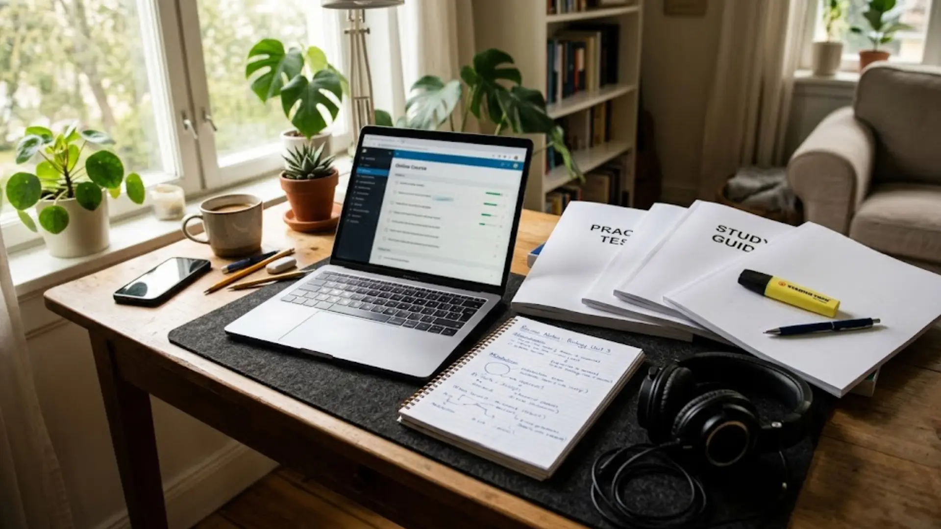 study desk setup with laptop open notebook practice test booklets headphones and coffee mug arranged neatly