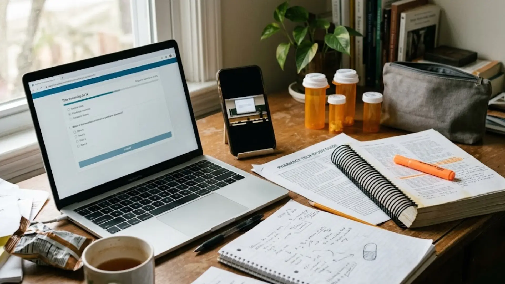 laptop with a timed practice test next to a pharmacy tech study guide and pill bottles