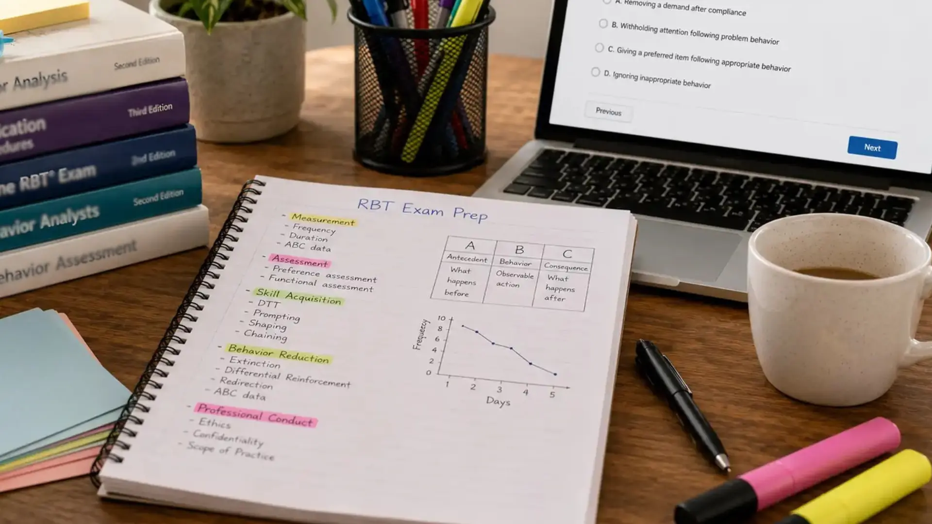 rbt exam study desk with behavior analysis books, practice test, notes, laptop, and study supplies in daylight