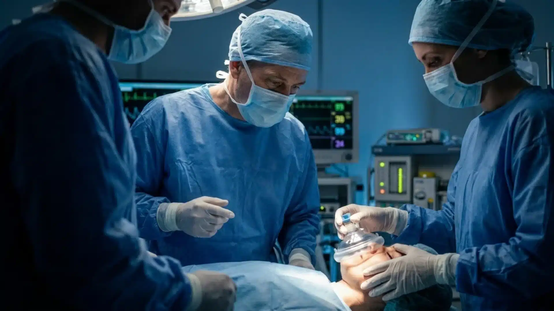 anesthesiologist and surgical team administering anesthesia to patient in operating room