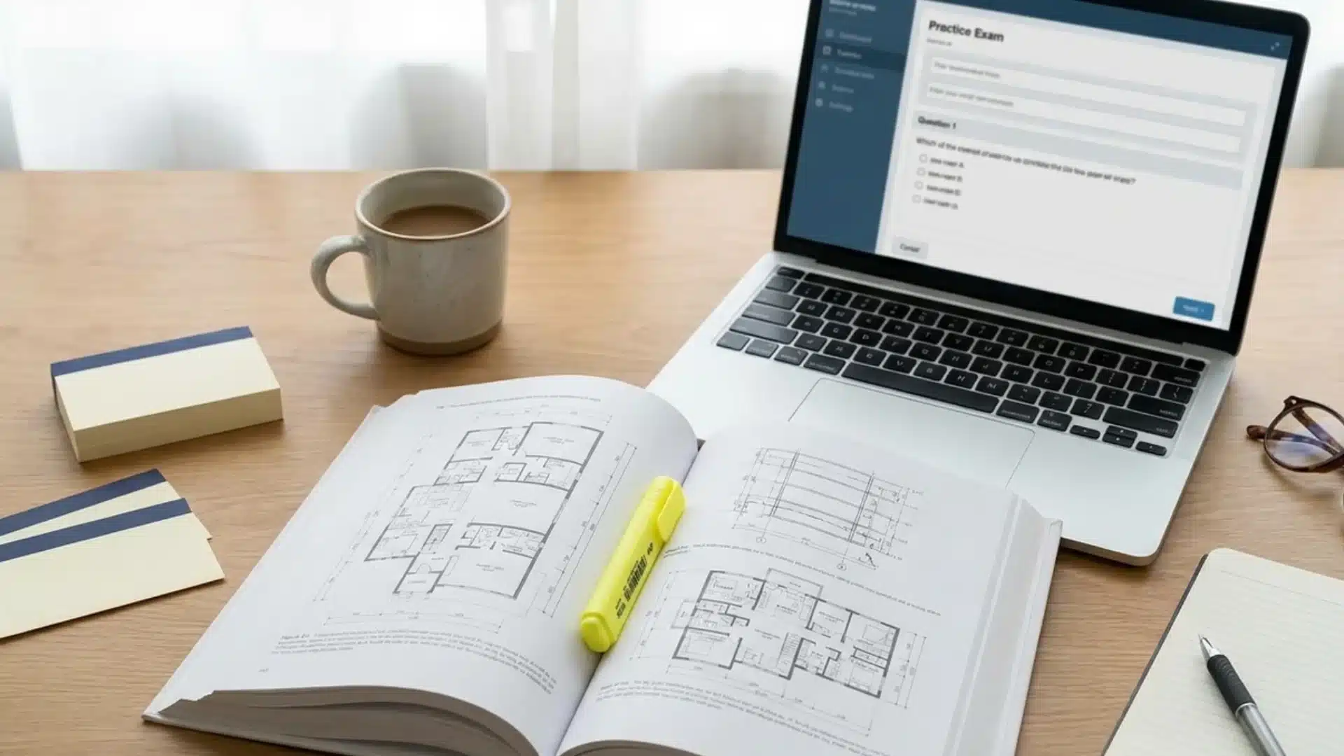 study desk with floor plan textbook, laptop showing NCIDQ practice exam, flashcards, and coffee for exam preparation