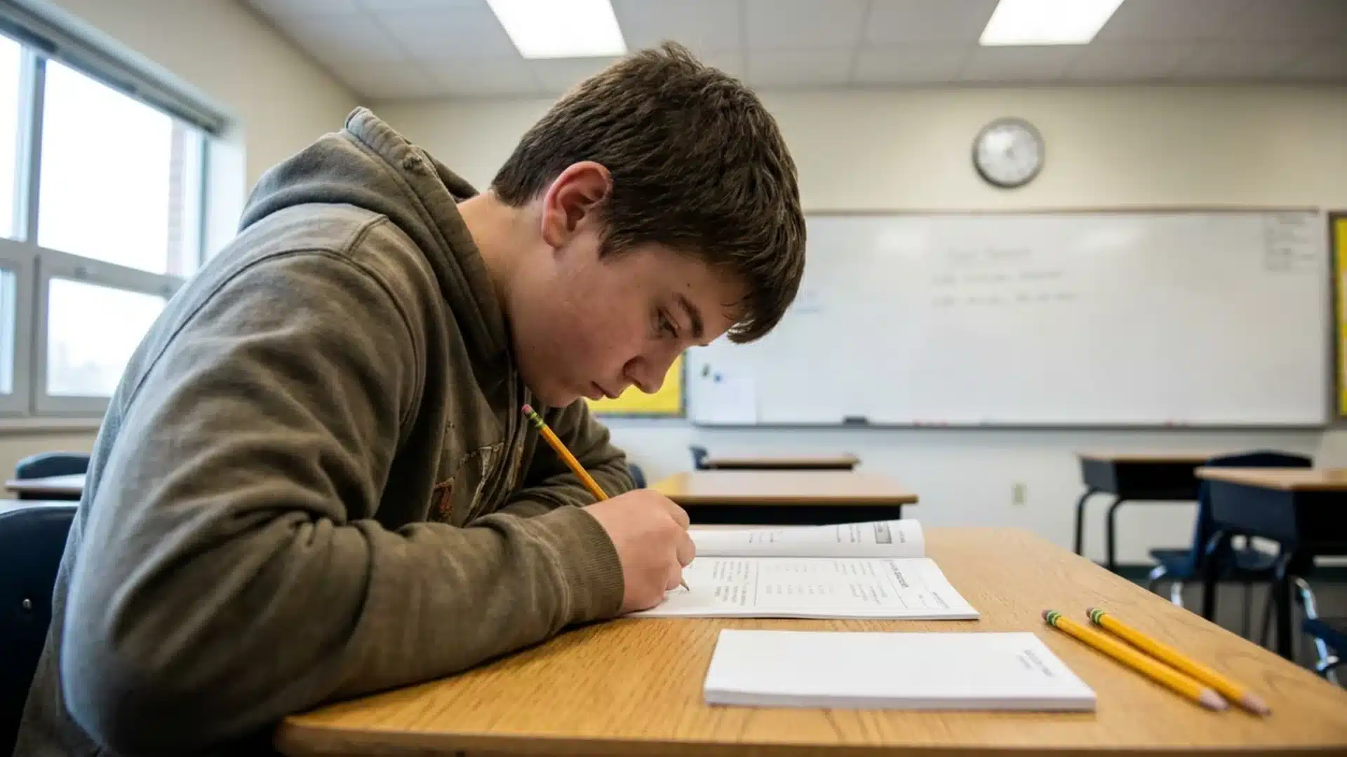 student writing answers in test booklet at classroom desk during practice session