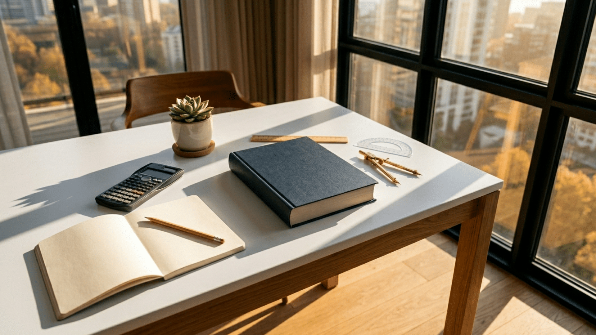 desk with a calculator, notebook, book, ruler, protractor, and compass by a sunlit city window