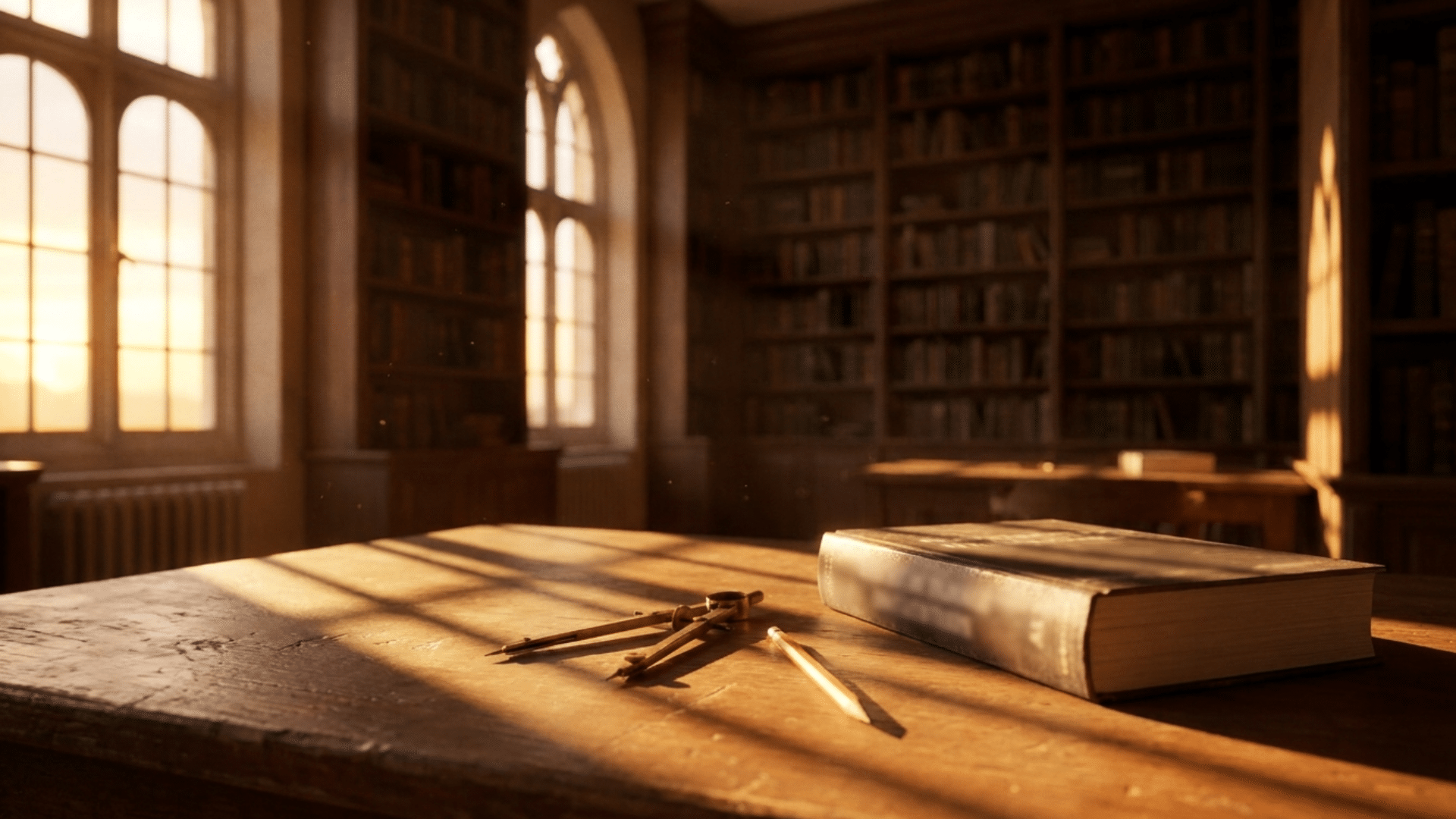 old library reading room with sunlit desk holding a compass, pencil, and closed book