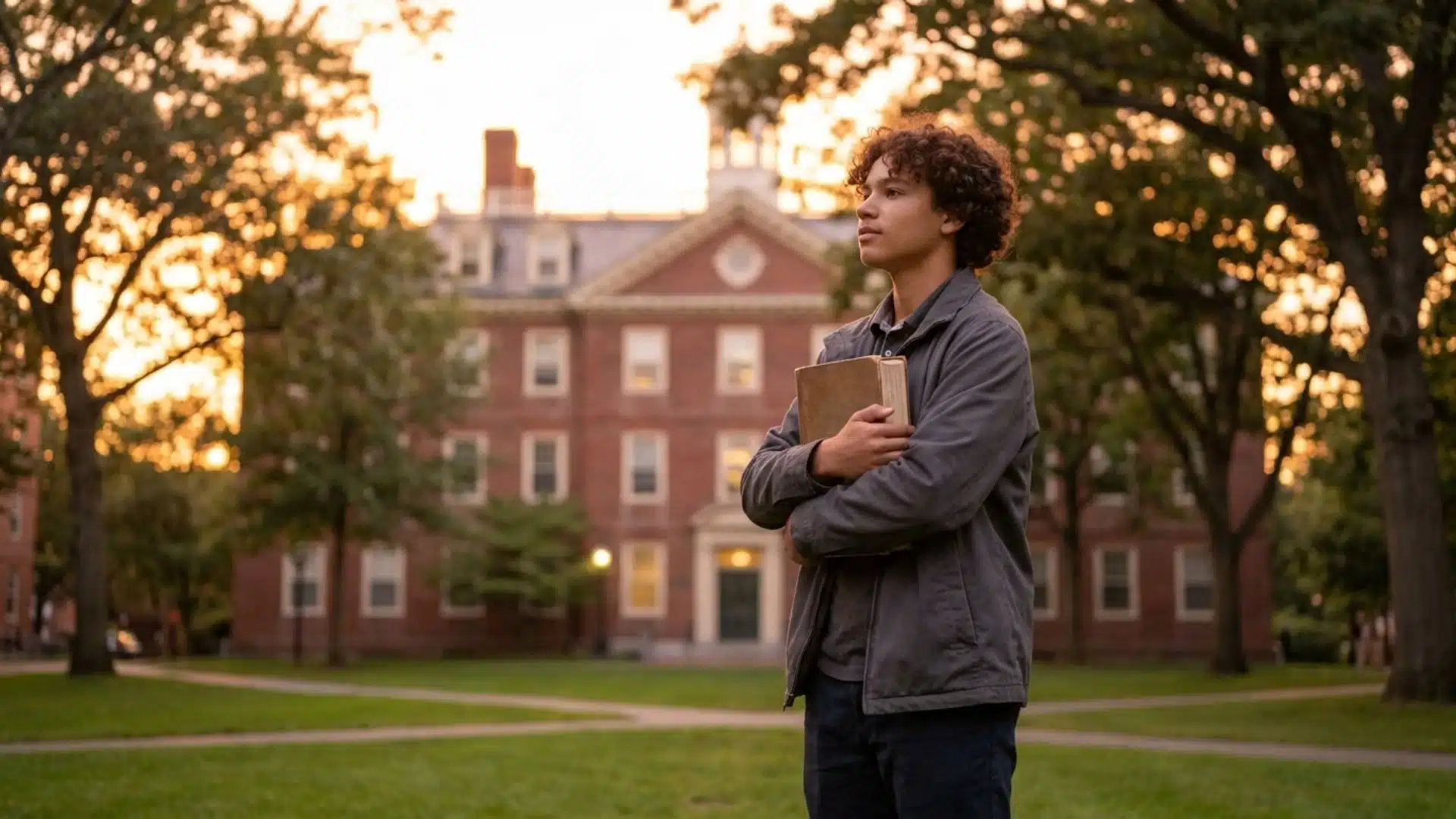 young male student with curly hair holding a book tightly against his chest while looking into the distance on a college quad at sunset