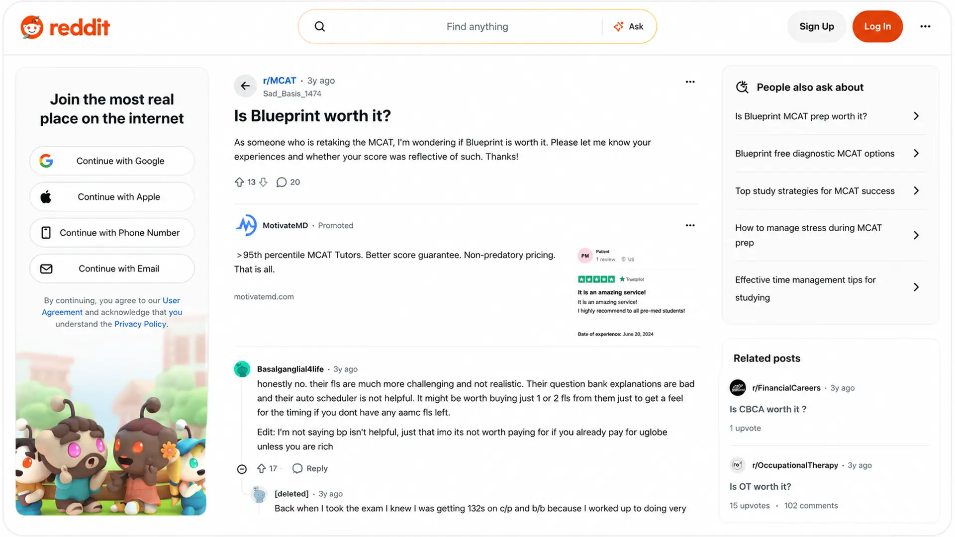 reddit discussion asking whether blueprint mcat prep is worth it, with student comments and opinions