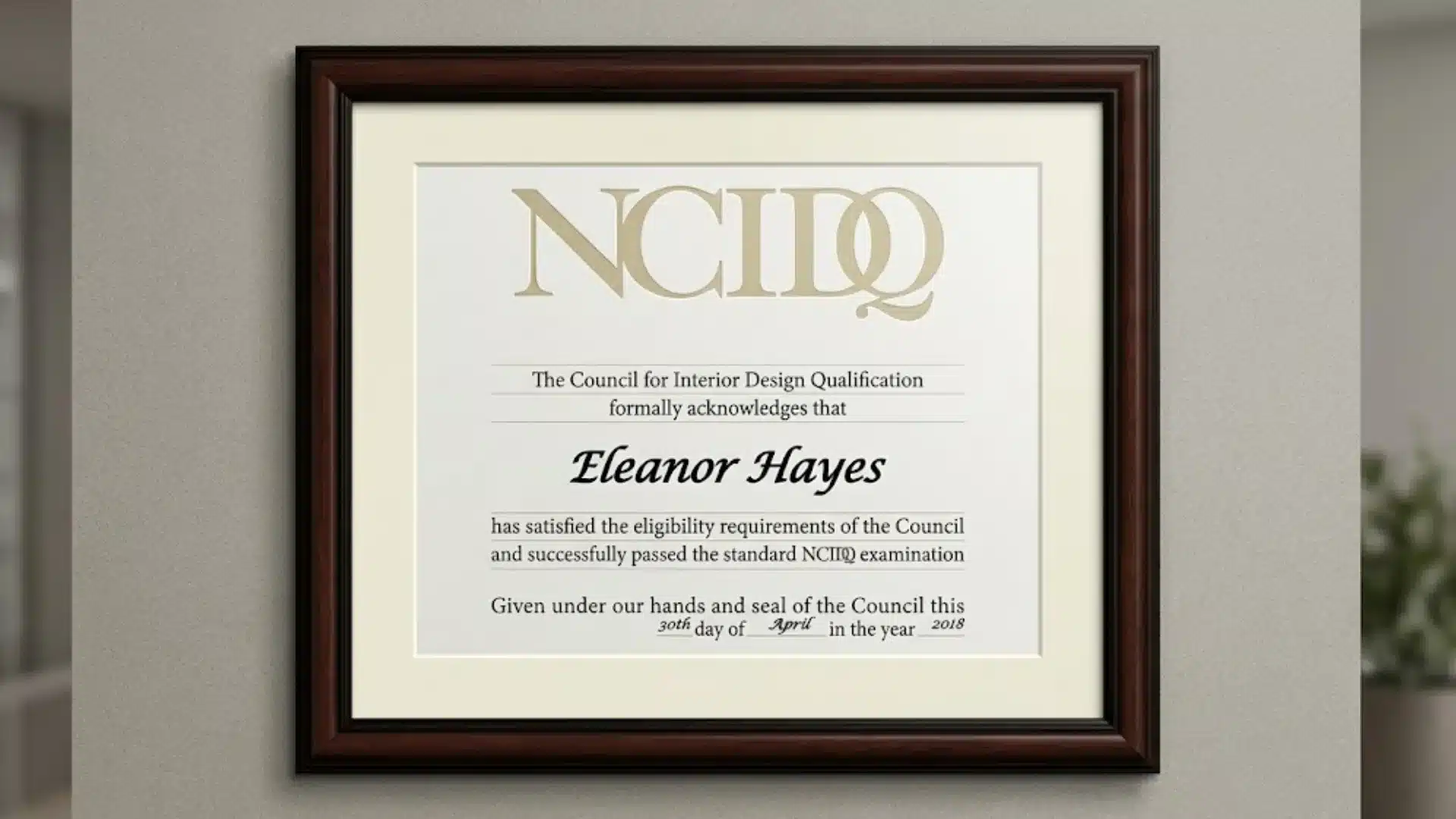 ncdiq certification certificate displayed in a framed interior setting showing professional interior design qualification award