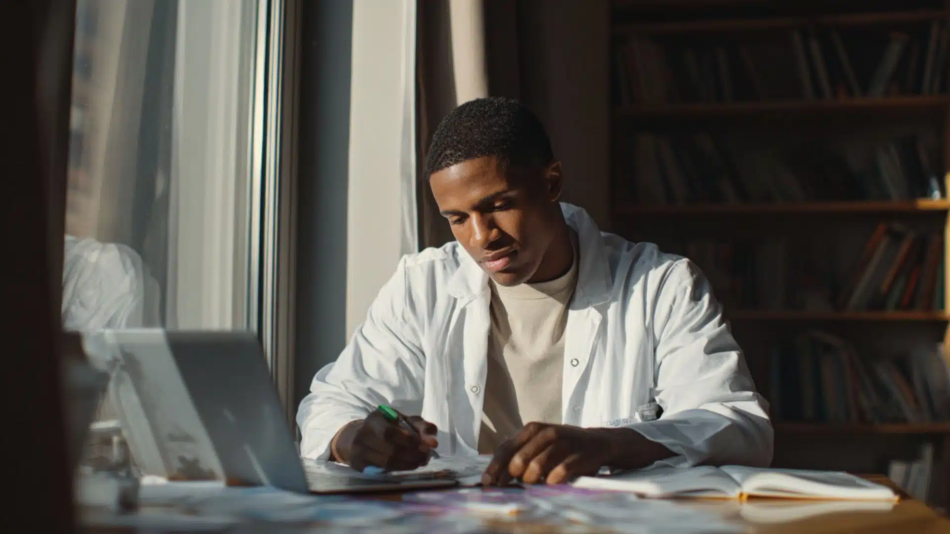 a pharmacy student in a white coat studying at a desk with a laptop and open books by a window