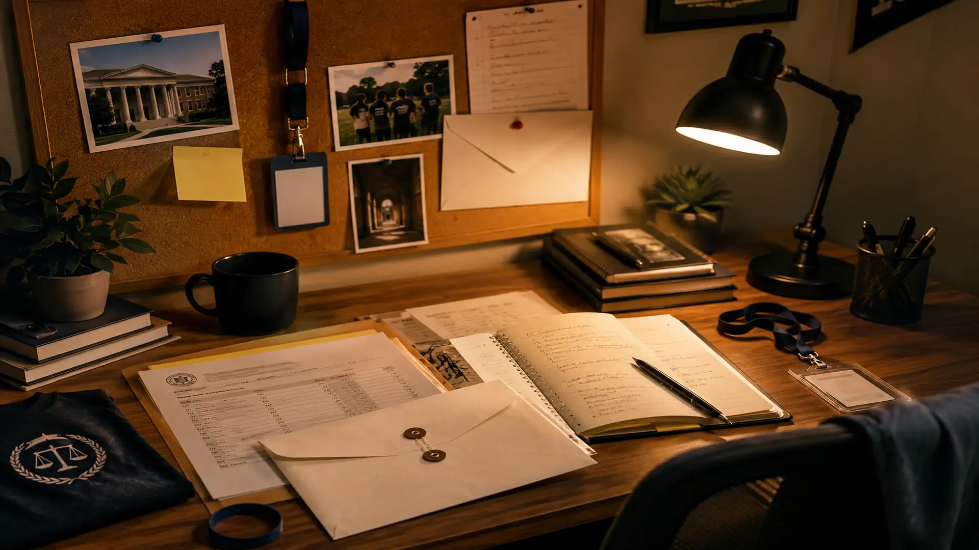law school application materials arranged on a desk with notes, transcript, envelope, and internship badge under lamp light