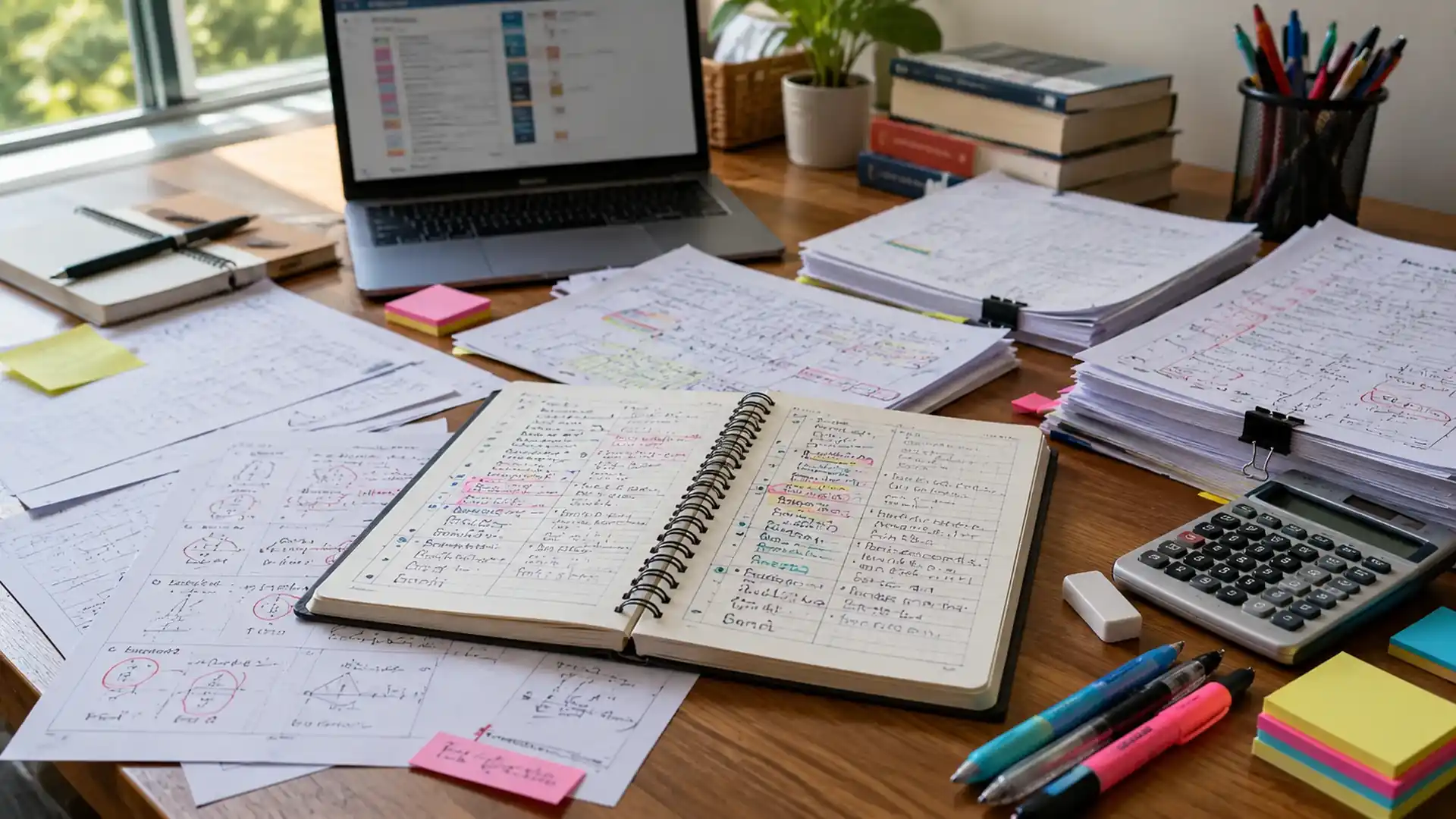 study desk with handwritten error log notebook, practice papers, calculator, and colorful study supplies arranged neatly