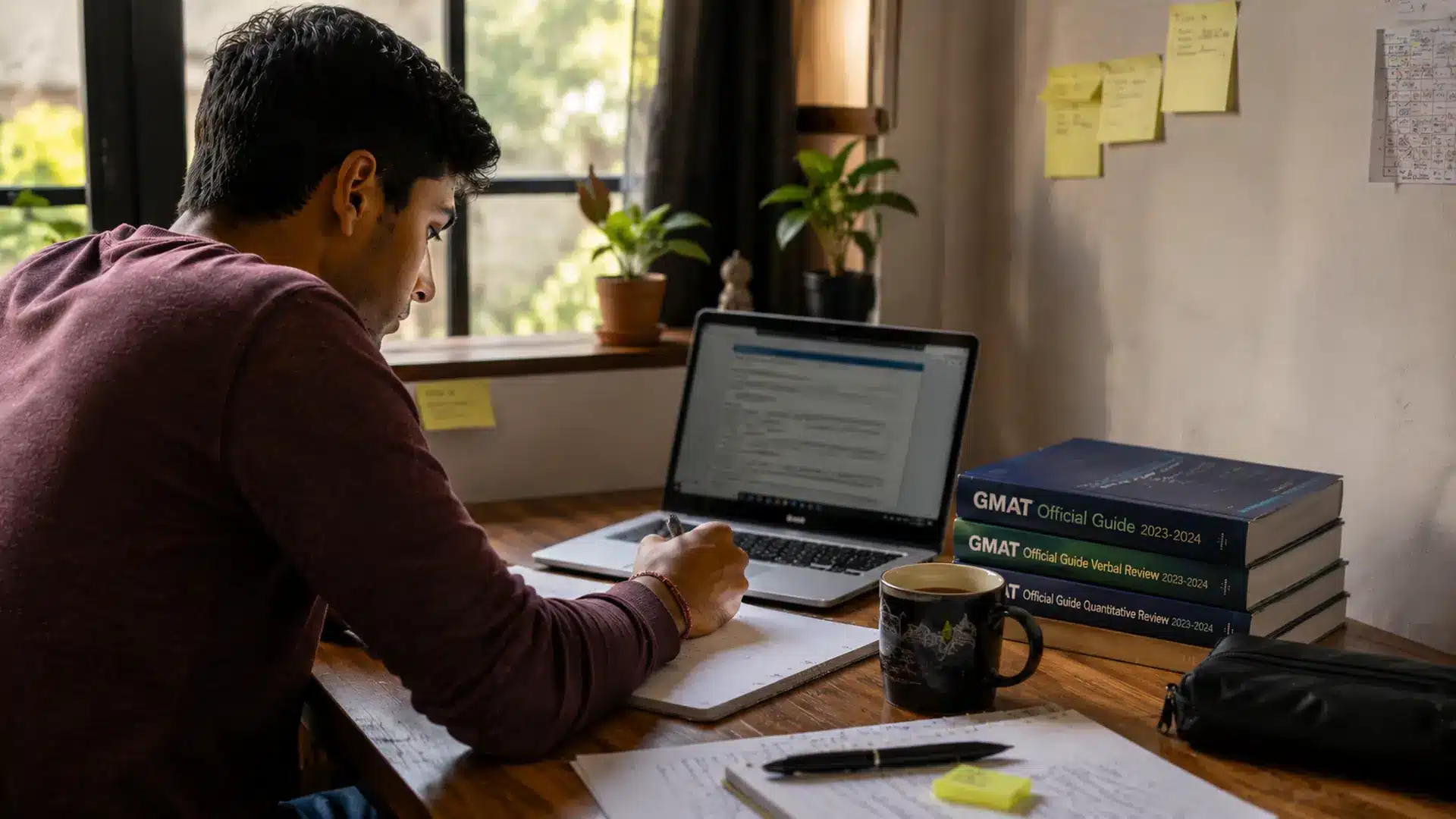 student following a weekly gmat study schedule at a desk with notes, laptop, and official prep books by the window