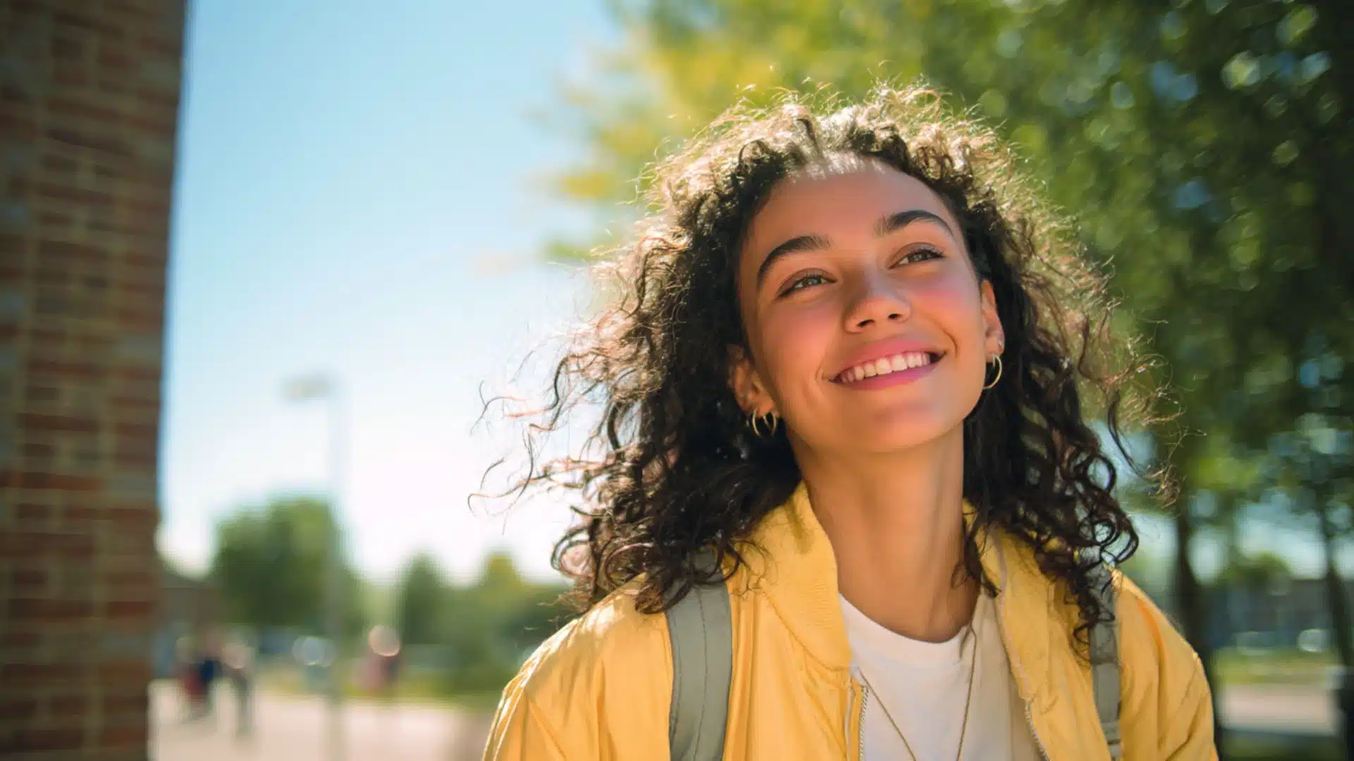 smiling student with curly hair and a backpack standing outdoors on a sunny campus