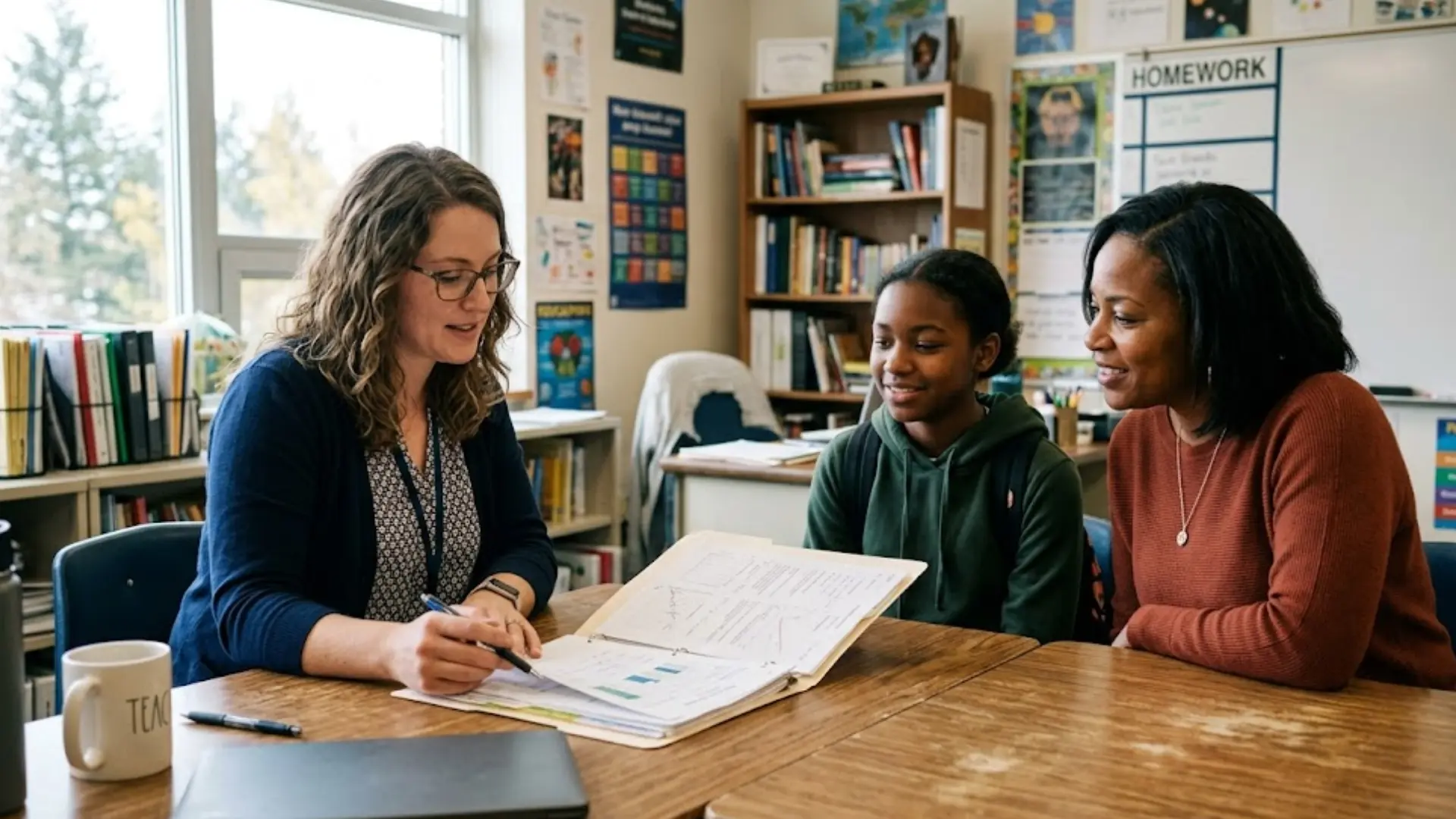 teacher reviewing schoolwork with a middle school student and parent during a classroom meeting