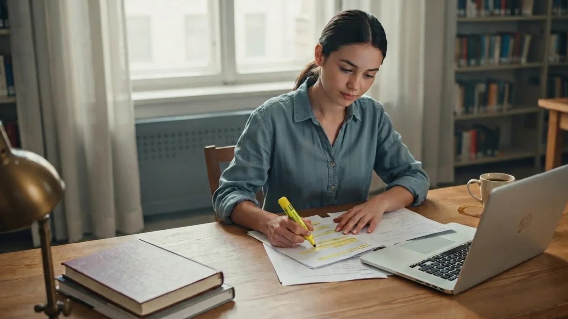 young woman studying dental school application materials at a university library desk with textbooks and laptop