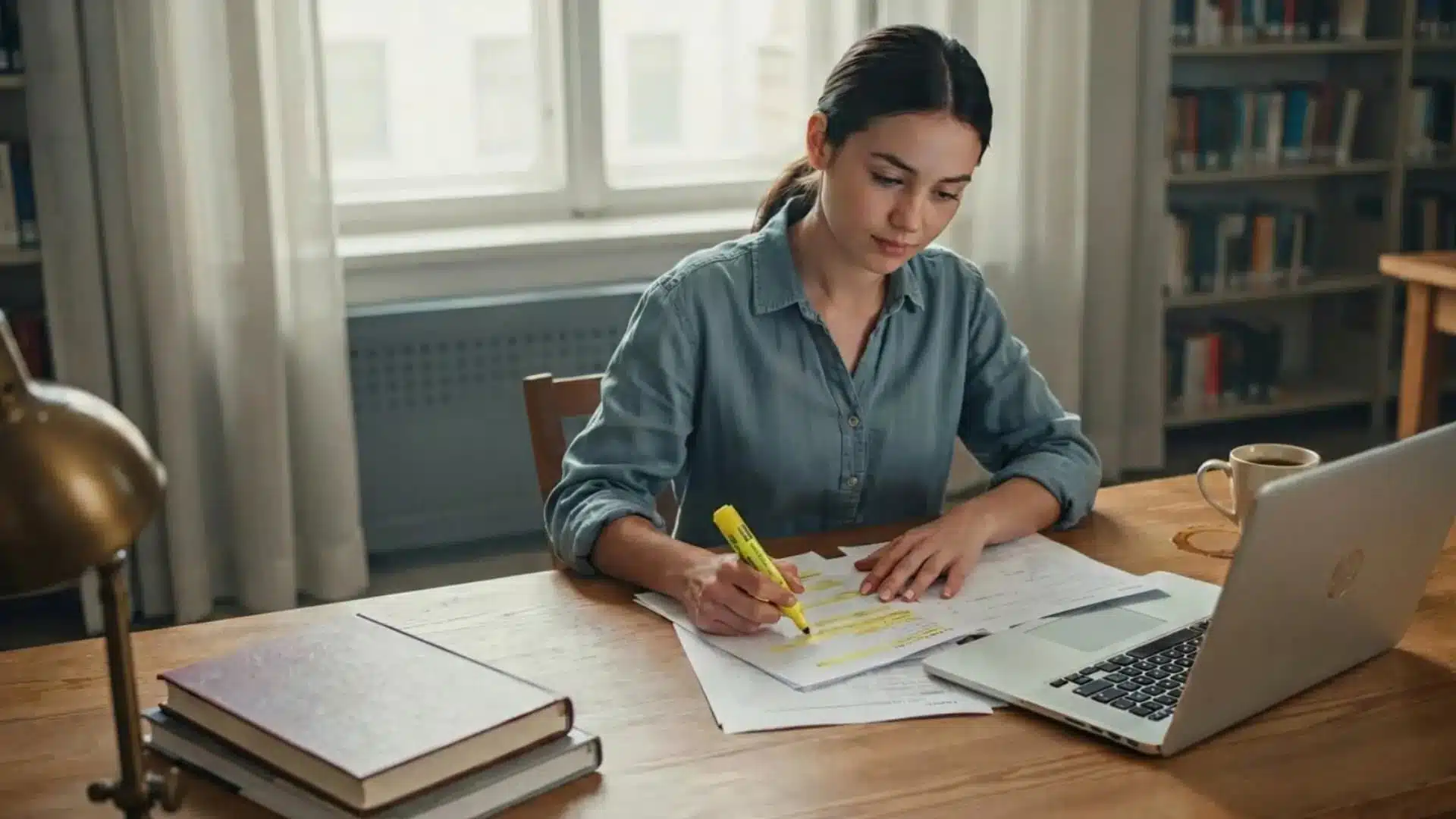 young woman studying dental school application materials at a university library desk with textbooks and laptop