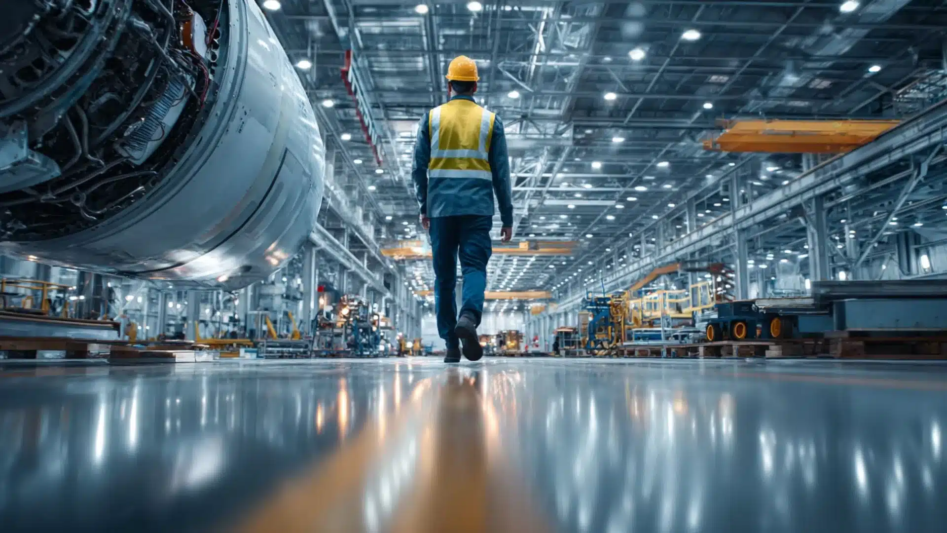worker in a hard hat and safety vest walking through a large aerospace manufacturing plant with a jet engine nearby