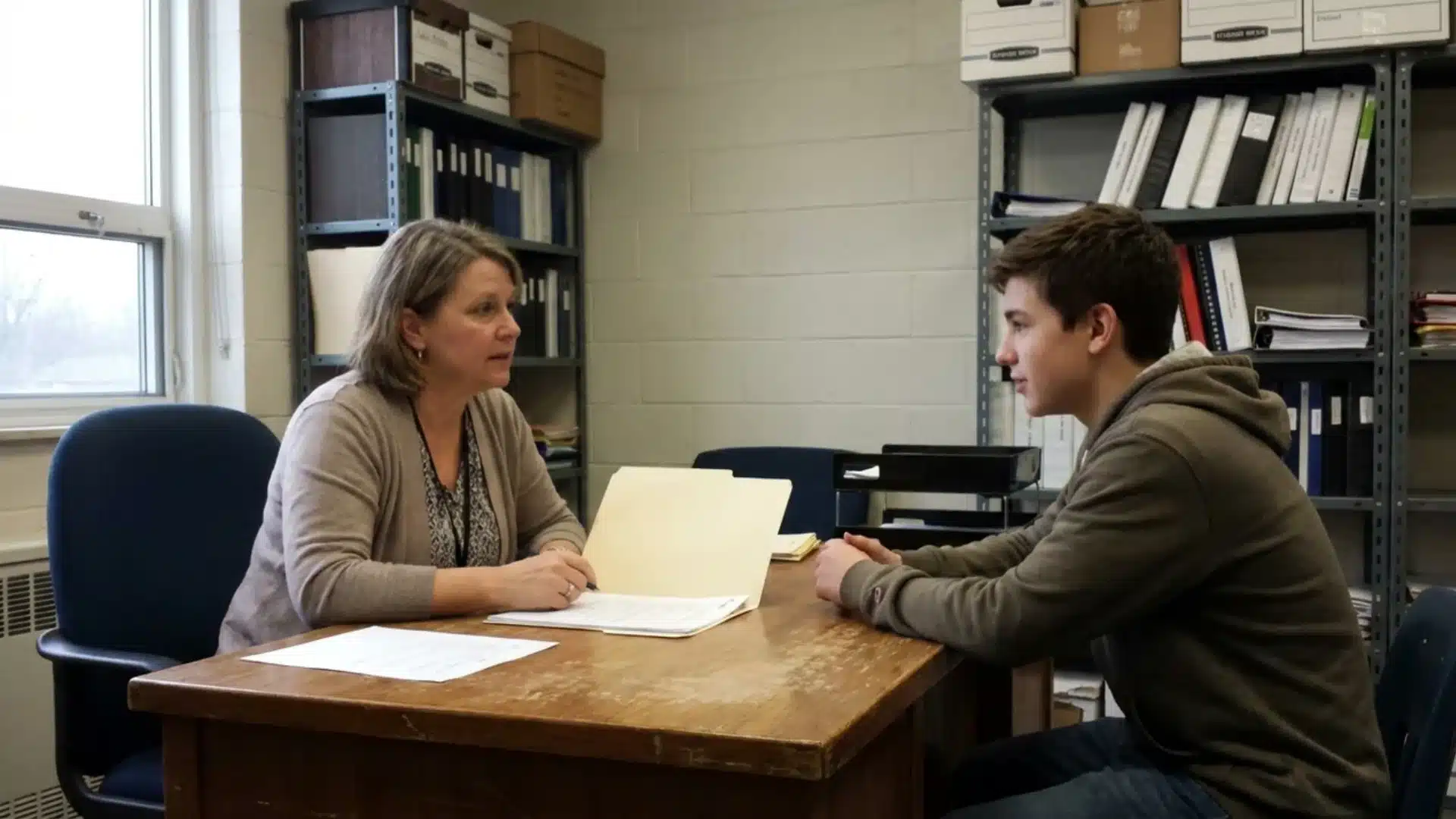 career counselor and teen boy discussing an open folder at a school office desk
