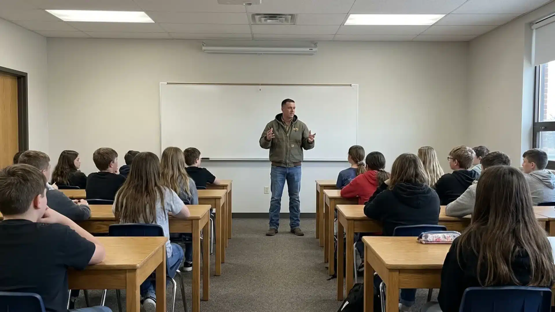 teacher speaking to students seated in a classroom during a career planning and guidance session