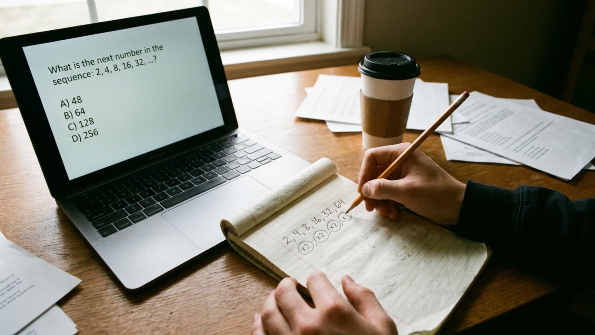 sample question displayed on a laptop as a student works through number sequences in a notebook
